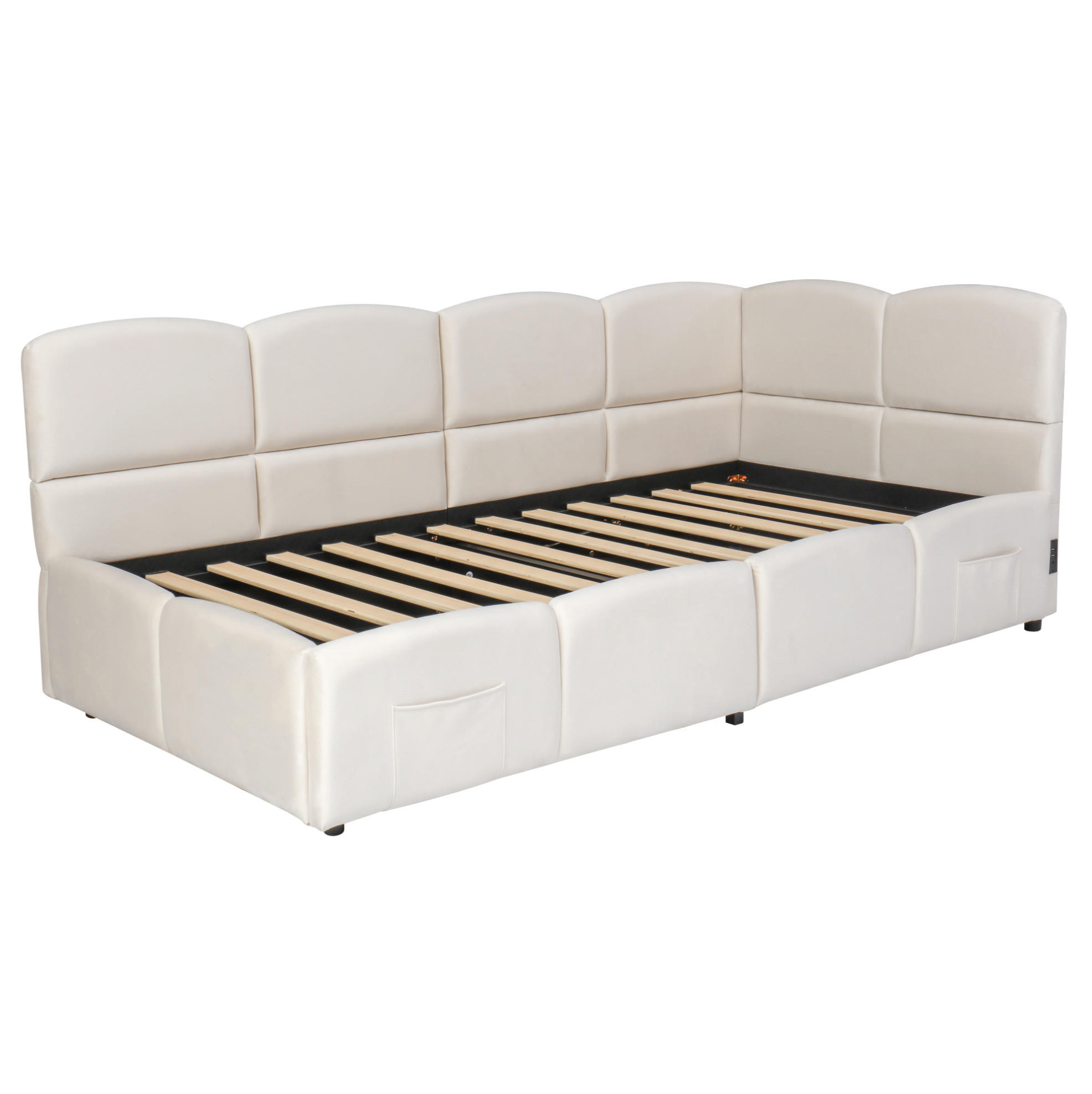 POLSTERBETT 90/200 cm in Beige aus Samt mit Stauraum und USB- und Type-C-Anschlüssen - Beige, Textil (90/200cm) - Flora Grace