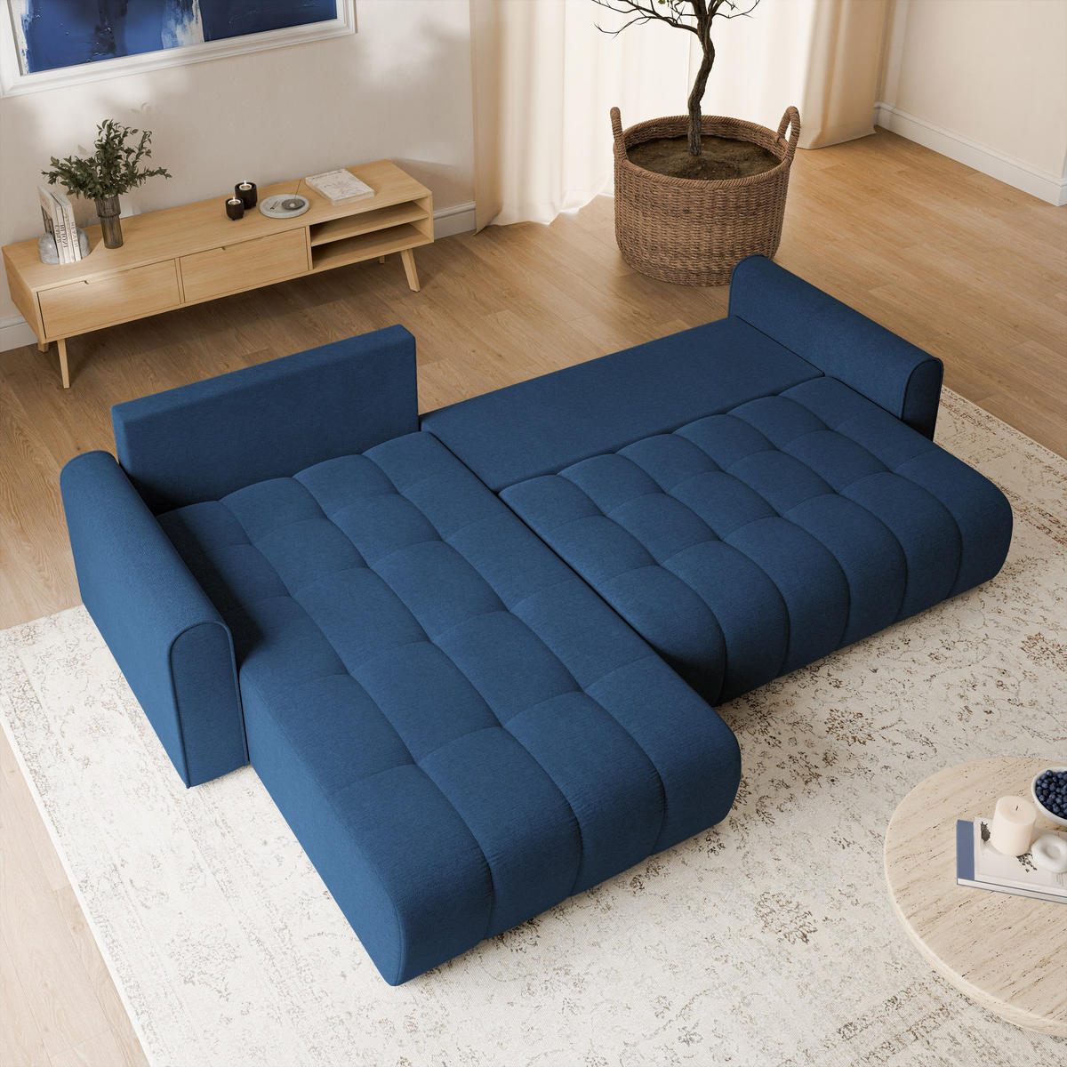 ECKSOFA FRIGA Blau Strukturstoff mit Schlaffunktion - Blau, Holz (283/185cm) - MASSENO
