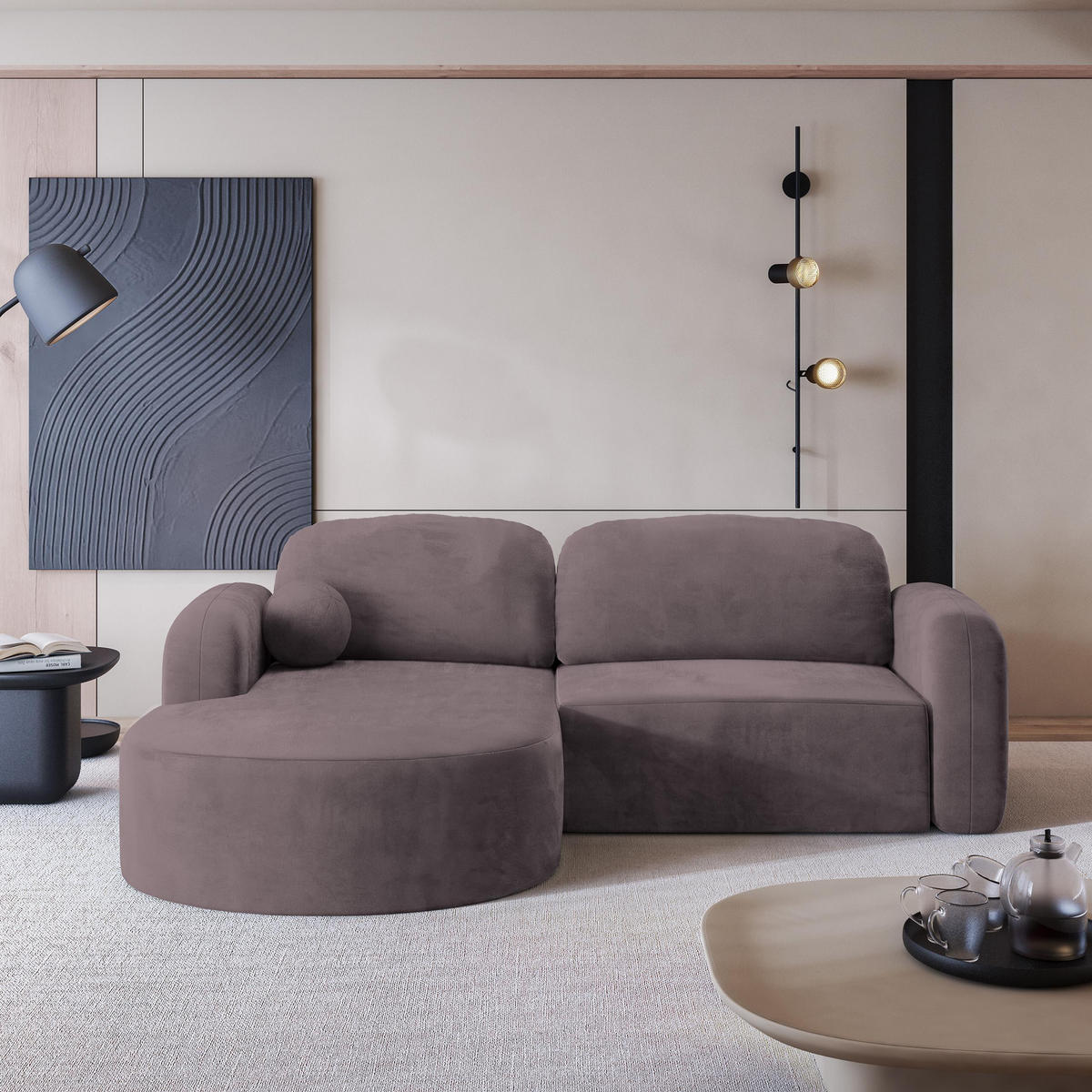 ECKSOFA AMILIA M L-S Lila Velours-Stoff mit Schlaffunktion - Lila, Holz (263/174cm) - MASSENO