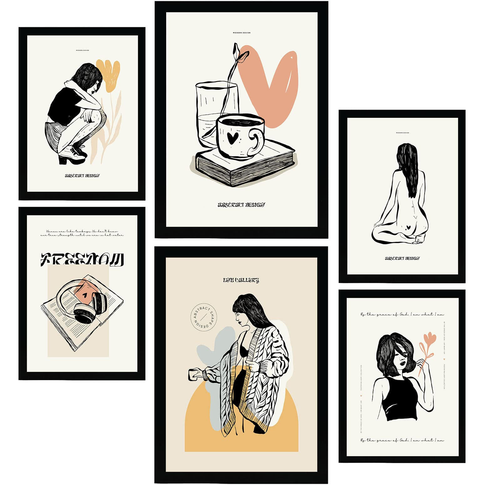 POSTER Set Mit 6 In Schwarzer Tinte Liebe Kunstdrucke Im Skizzenstil Für Innenarchitektur A3 & A4 Schwarzer Rahmen - Schwarz, Papier (29/3cm) - Nacnic