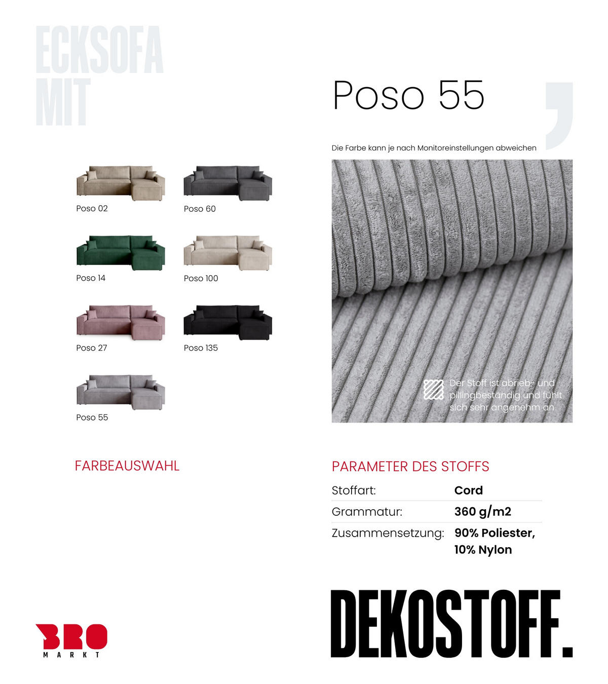 ECKSOFA ADI mit Schlaffunktion Hellgrau Cord - Hellgrau, Textil (244/143cm) - Bromarkt