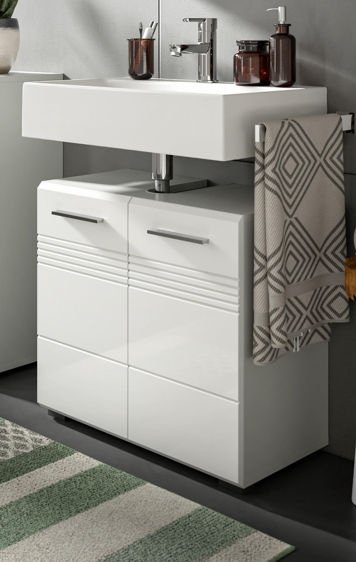 WASCHBECKENUNTERSCHRANK weiß Hochglanz, grau 60 cm - Weiß Hochglanz/Silberfarben, Holzwerkstoff/Kunststoff (60/56/32cm) - Inn.Furn