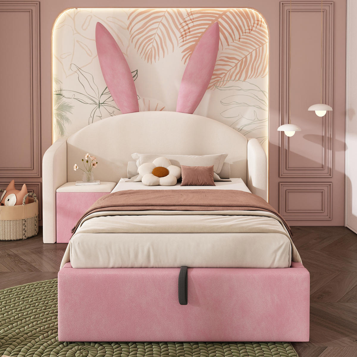 BETT mit Stauraum und Nachttisch 90x200 cm Samt Beige/Rosa - Rosa, Metall (90/200cm) - Beauniv
