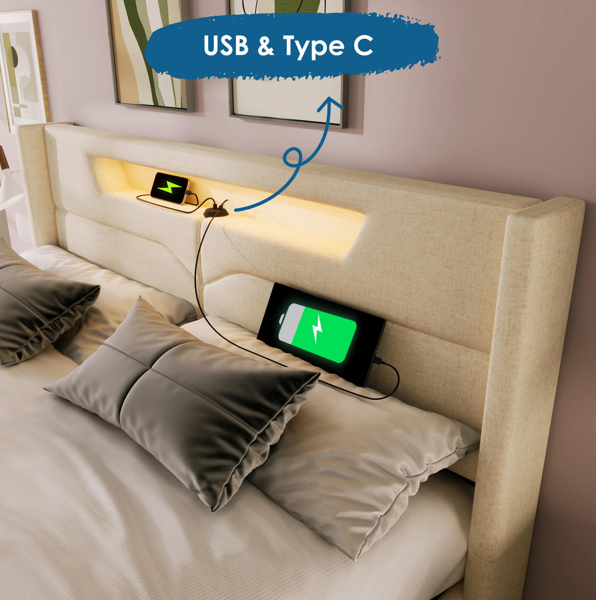 POLSTERBETT 160/200 cm aus Leinen mit LED und USB-C Ladefunktion Beige - Beige, Textil (160/200cm) - Modenvie