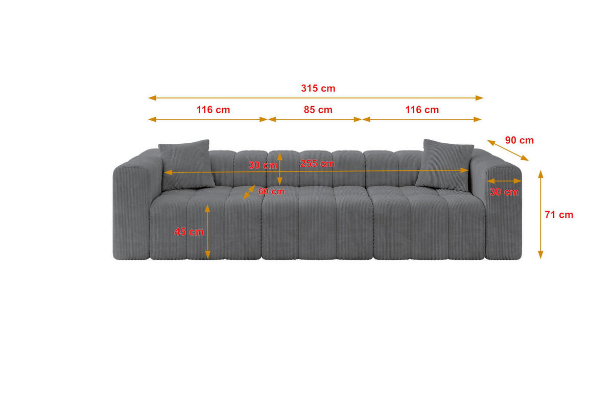POHOVKA 3-MÍSTNÁ DONY-3 315x90x71 cm Tmavě šedá Manšestr - černá/tmavě šedá, kompozitní dřevo/textil (315/71/90cm) - ALTDECOR