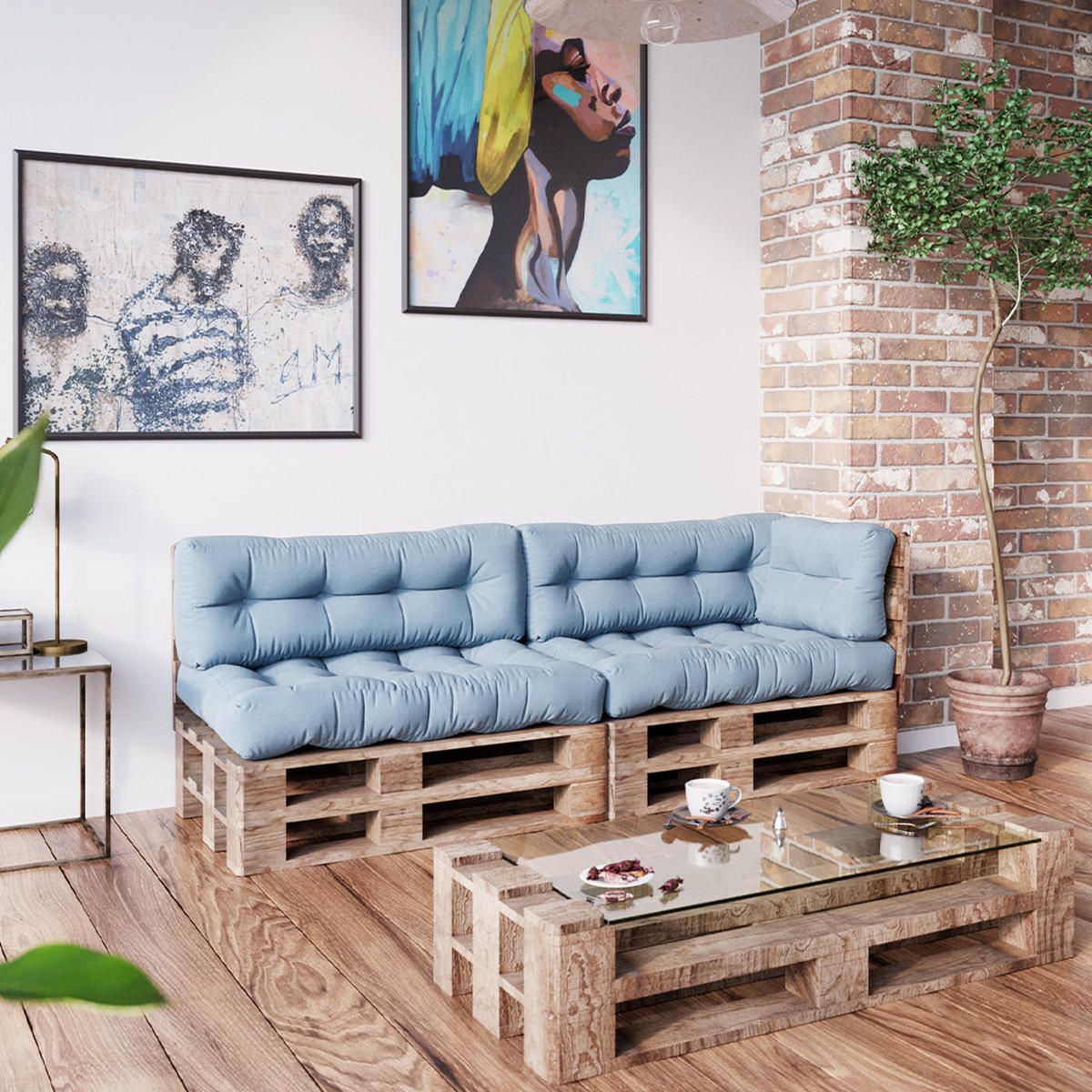 PALETTENKISSEN SET Flocken Eisblau 5 Teile - Hellblau, Textil (120/15/15cm) - Vicco