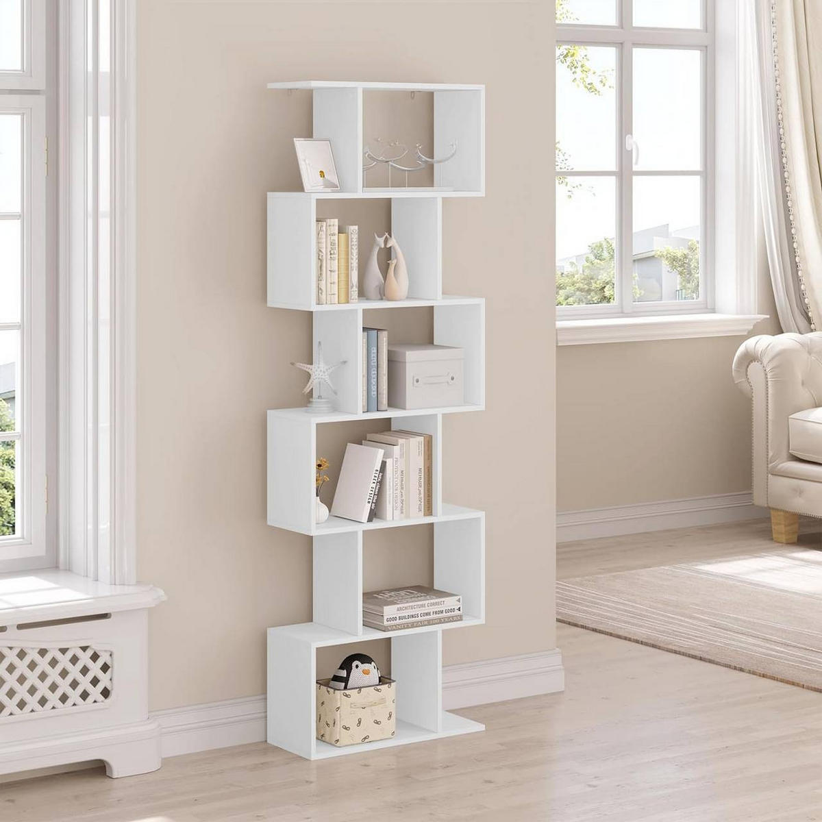 BÜCHERREGAL mit 6 Ebenen, S-förmig, Weiß - Weiß, Holzwerkstoff (60/189.5/24cm) - Woltu