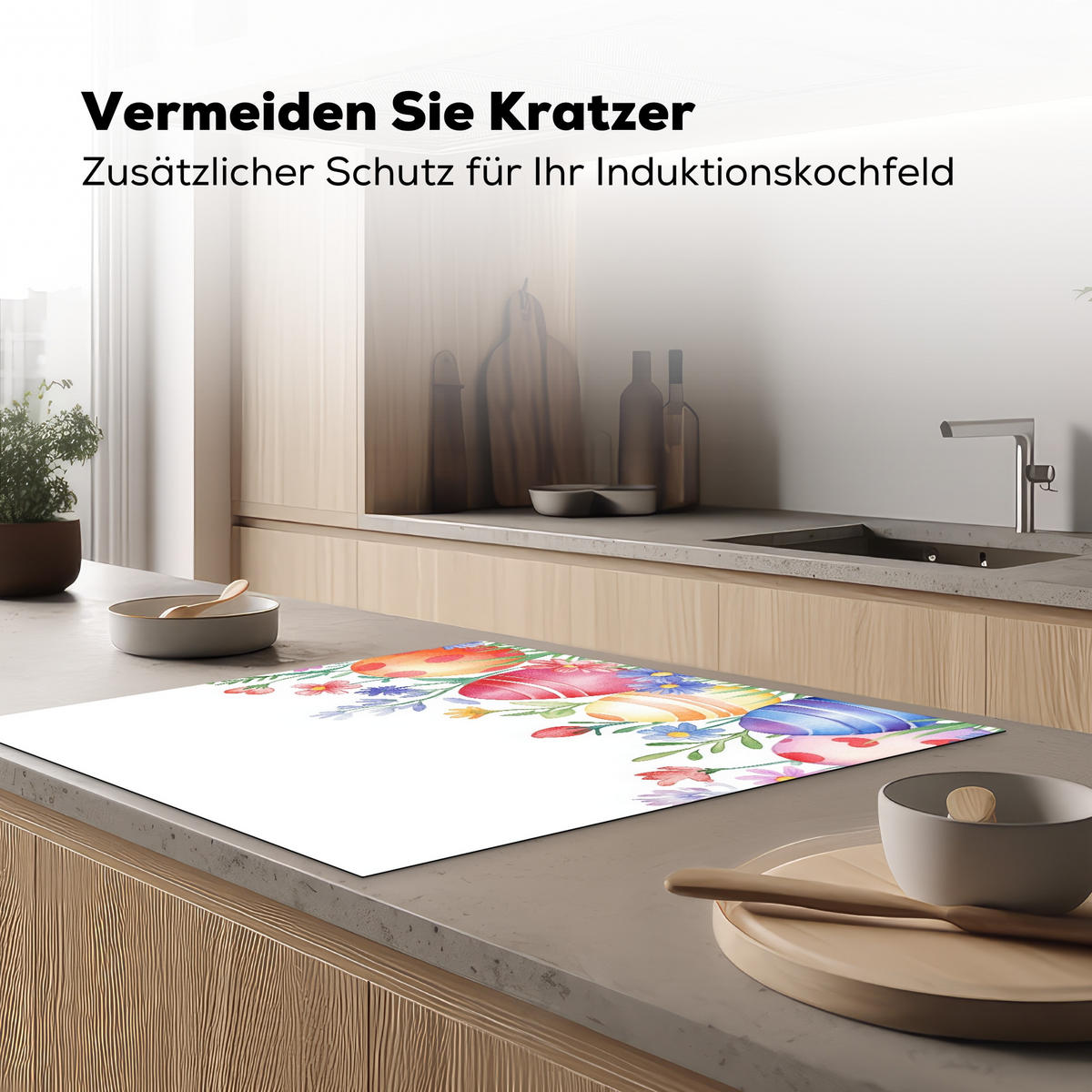 HERDABDECKPLATTE Blumengarten - Bunt - Eier Induktionsmatte 78x78 cm - Weiß, Kunststoff (78/78/0.2cm) - MuchoWow