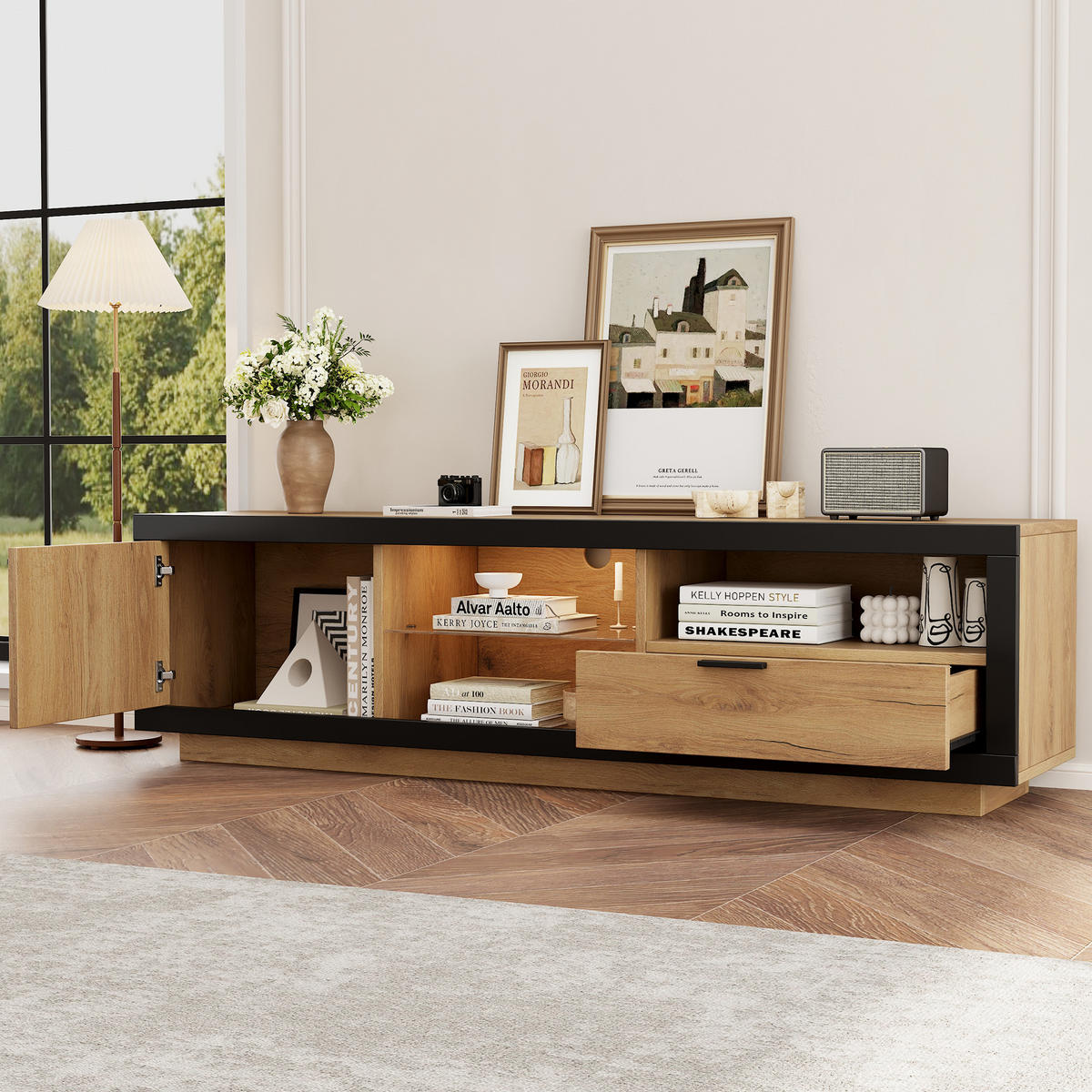TV-ELEMENTLED 160x40x50cm mit App-Steuerung und Glasböden Schwarz-Eiche - Schwarz, Holz (50.8/14.61/74.3cm) - Raelunyi