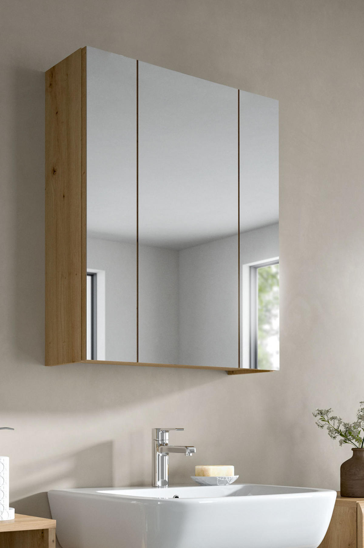 SPIEGELSCHRANK Artisan Eiche, Badschrank 3-türig, 60 x 70 cm - Eiche Artisan, Glas/Holzwerkstoff (60/70/18cm)