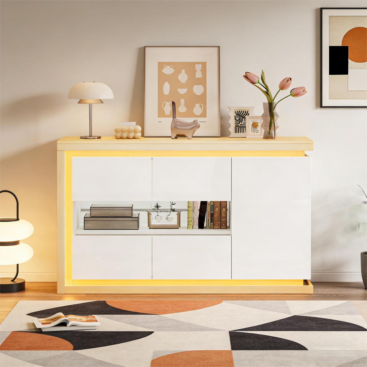 SIDEBOARD in Weiß Hochglanz-Wohnzimmerschrank mit verstellbarer Einlegeboden für Flur, Wohn-, Büros, B140/T40/TH84cm - Weiß/Naturfarben, Glas/Holzwerkstoff (140/84/40cm) - STILVORA