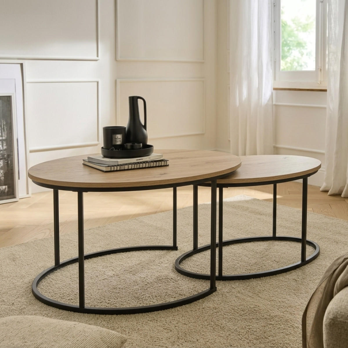 2ER-SET COUCHTISCHE ovale ineinanderstellbare in Eichenoptik 60/45/90 cm - Eschefarben, Holzwerkstoff (66/60/45cm) - Calicosy