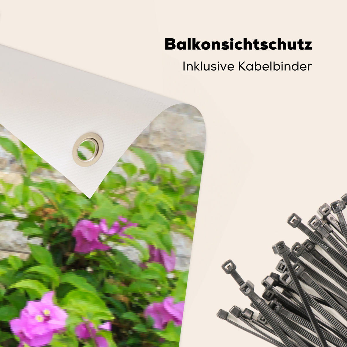 BALKON-SICHTSCHUTZ Blumen - Pflanzen - Blätter - Steine - Pink, Kunststoff (500/80cm) - MuchoWow