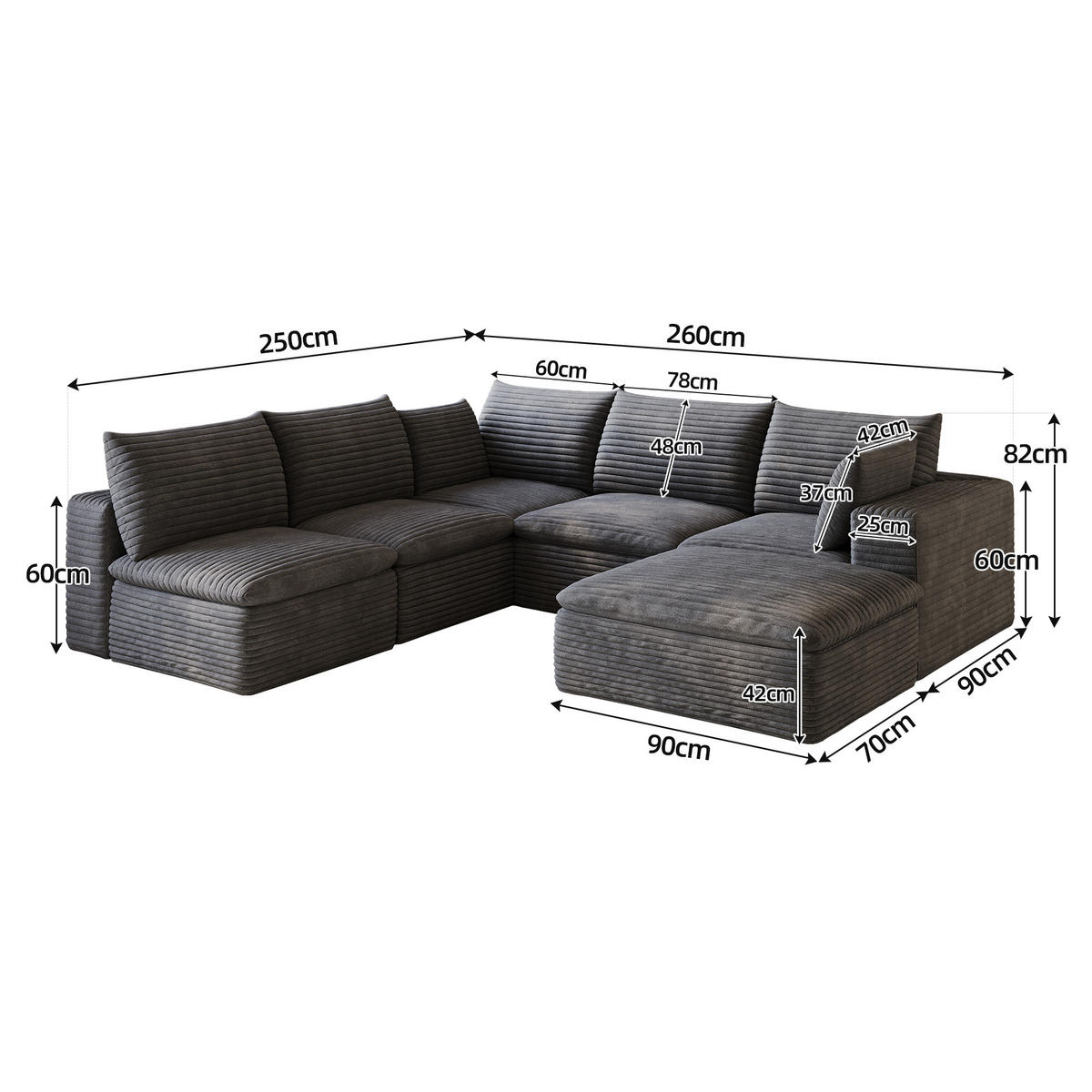 WOHNLANDSCHAFT DE-34773 5-Sitzer mit abnehmbare Polsterung Dunkelgrau - Dunkelgrau, Textil (250/60/260cm) - ComfortXL
