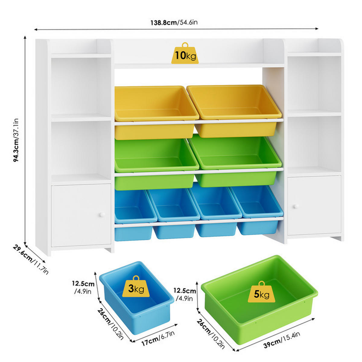 KINDERREGAL –Aufbewahrung für Spielzeug und Bücher, 138×29×94 cm, mit 8 Boxen und 9 Fächern - Weiß, Holz (29.6/94.3/138.8cm) - Kaket