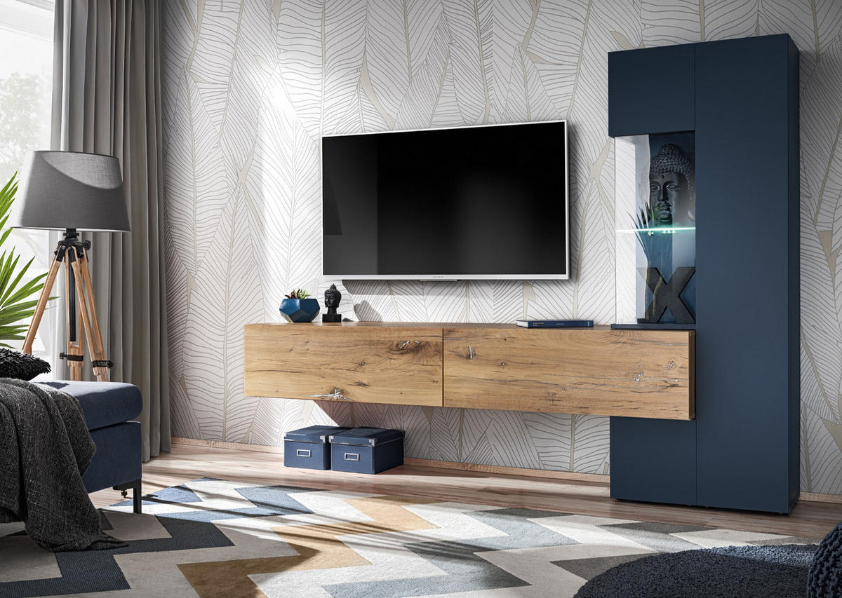 WOHNWAND Zinneiche, blau 210 cm, Schrankwand inklusive Beleuchtung - Blau/Eichefarben, Glas/Holzwerkstoff (210/162/40cm) - Furn.Design