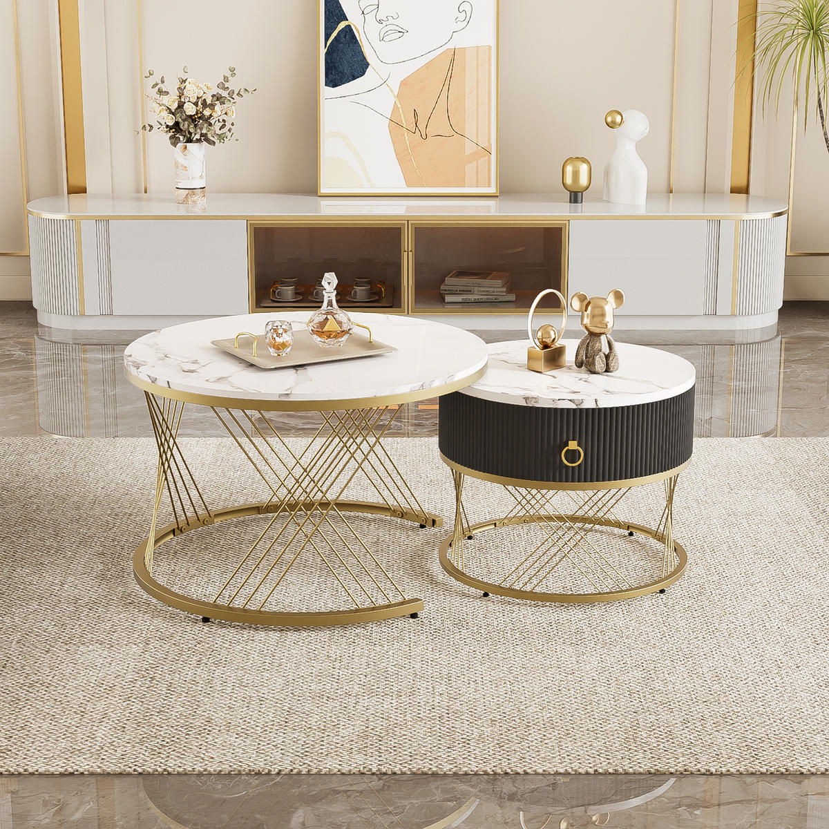 COUCHTISCH, MDF in Marmor-Optik mit Goldakzenten, modulare 2er-Komposition, 70/70/45 + 50/50/40 cm, Weiß und Gold - Weiß, Holzwerkstoff (70/70/45cm) - Redom