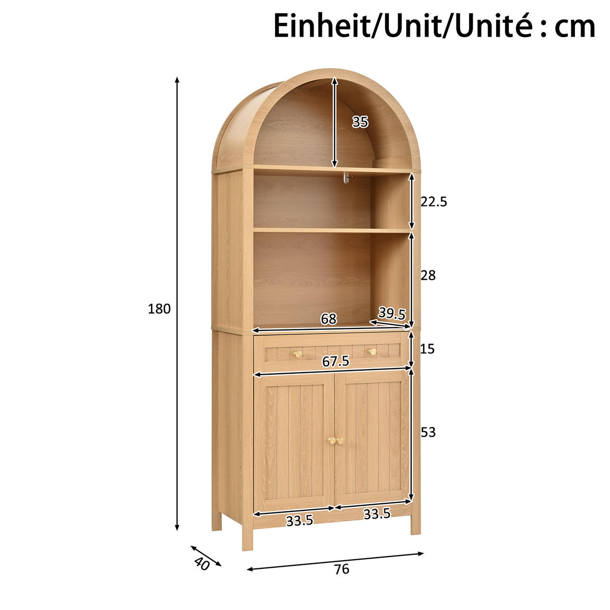 GESCHIRRSCHRANK Bogenfront Doppeltür Weiß - Naturfarben, Holzwerkstoff (76/180/40cm) - FLIEKS