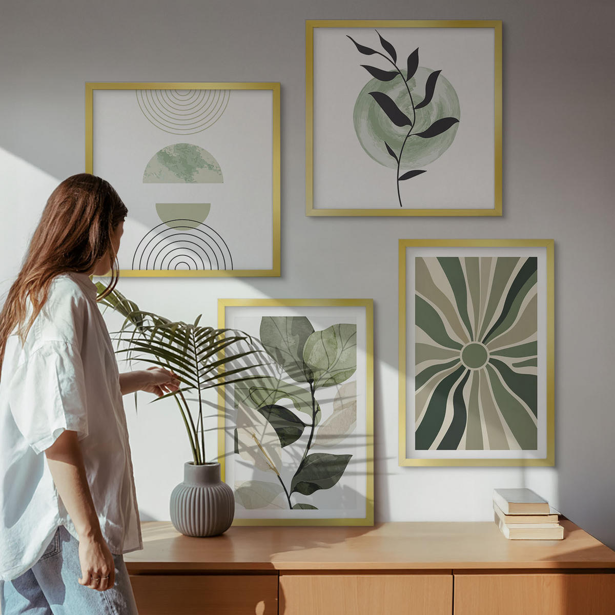 BILDER SET 4er Set - 50x50 cm & 40x60 cm Goldrahmen - Geometrische Pflanzenformen - Goldfarben, Kunststoff (50/50cm) - TULUP