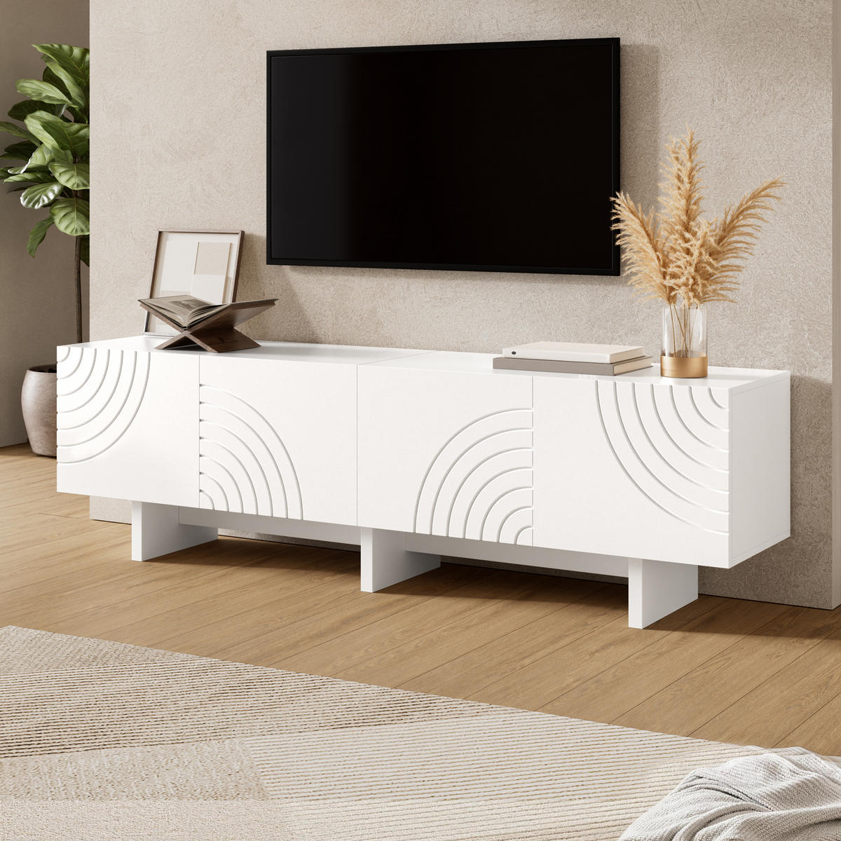 TV-SCHRANK Lowboard 4 Türen Bogenrelief weiß modern - Weiß, Holzwerkstoff (35/50/170cm) - FLIEKS