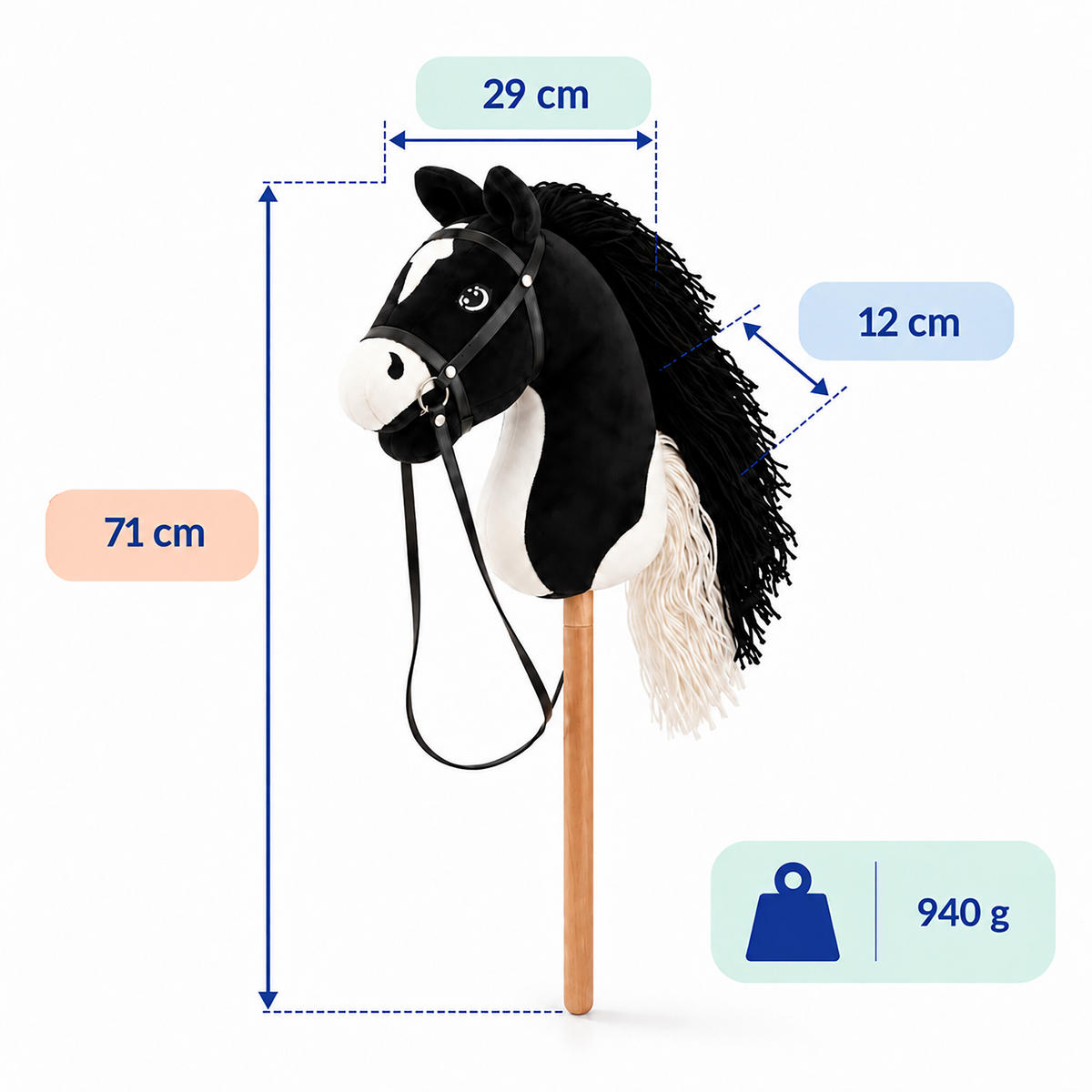 CĂLUȚ Negru pe băț pluș 71 cm cu frâu - negru, material textil/lemn (12/71/29cm) - Relaxdays