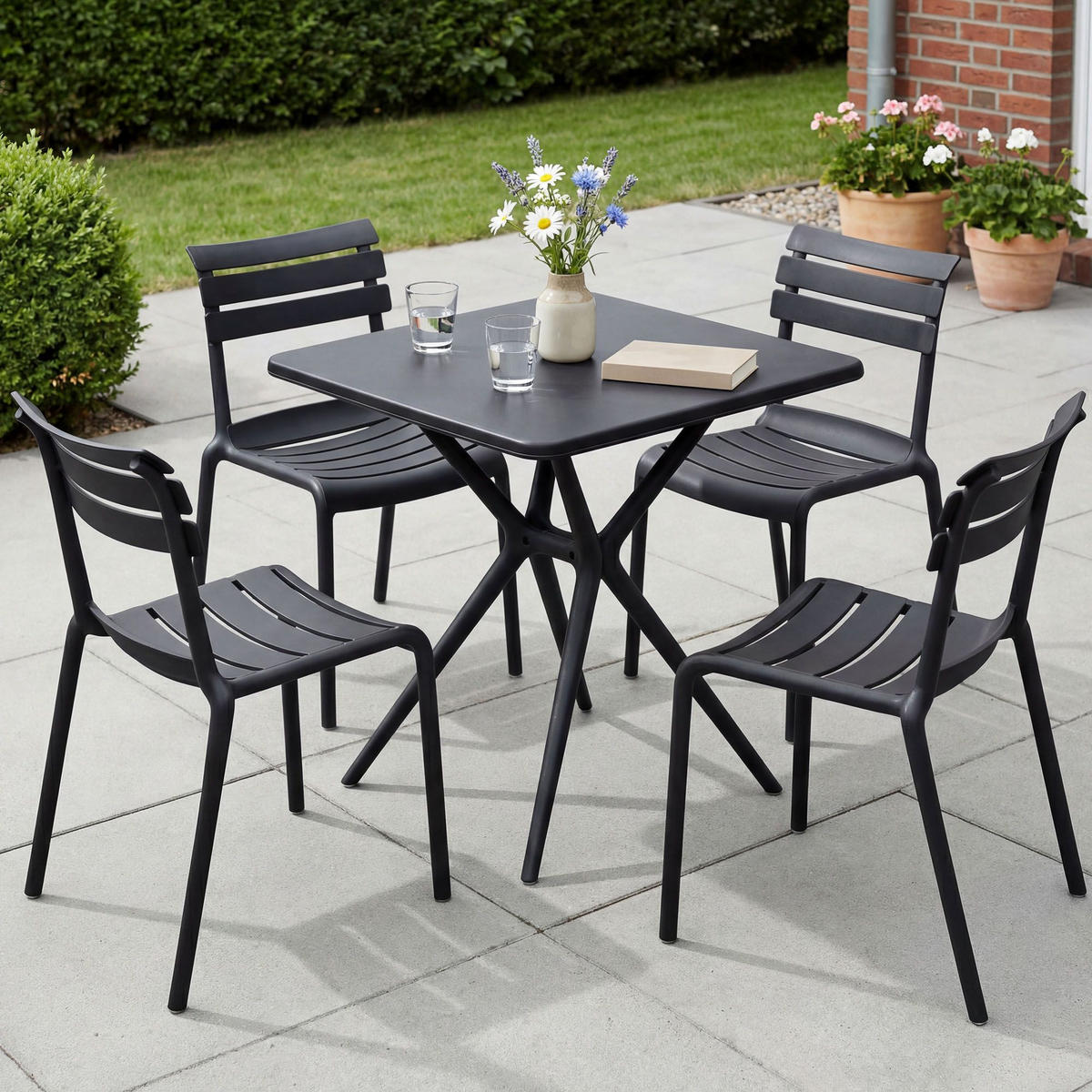 GARTENMÖBEL-SET Klara 4 Stühle 190x190x82cm Kunststoff Schwarz Balkonset - Schwarz, Kunststoff - DELUKE