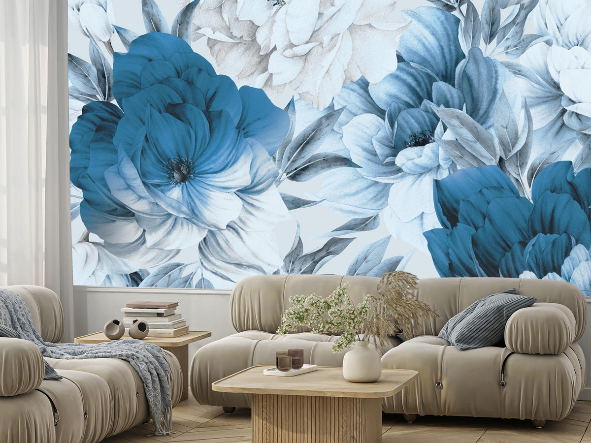 FOTOTAPETE für Wohnzimmer Blaue Pfingstrosen Zart Blumen Boho 500x350 - Blau/Weiß, Papier (500/350cm) - Muralo