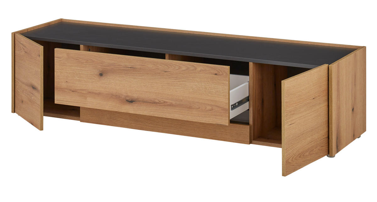 WOHNWAND Evoke Eiche, grau, Wohnkombination Set 4-teilig, 310 cm - Eichefarben/Grau, Glas/Holz (310/197/45cm) - Furn.Design