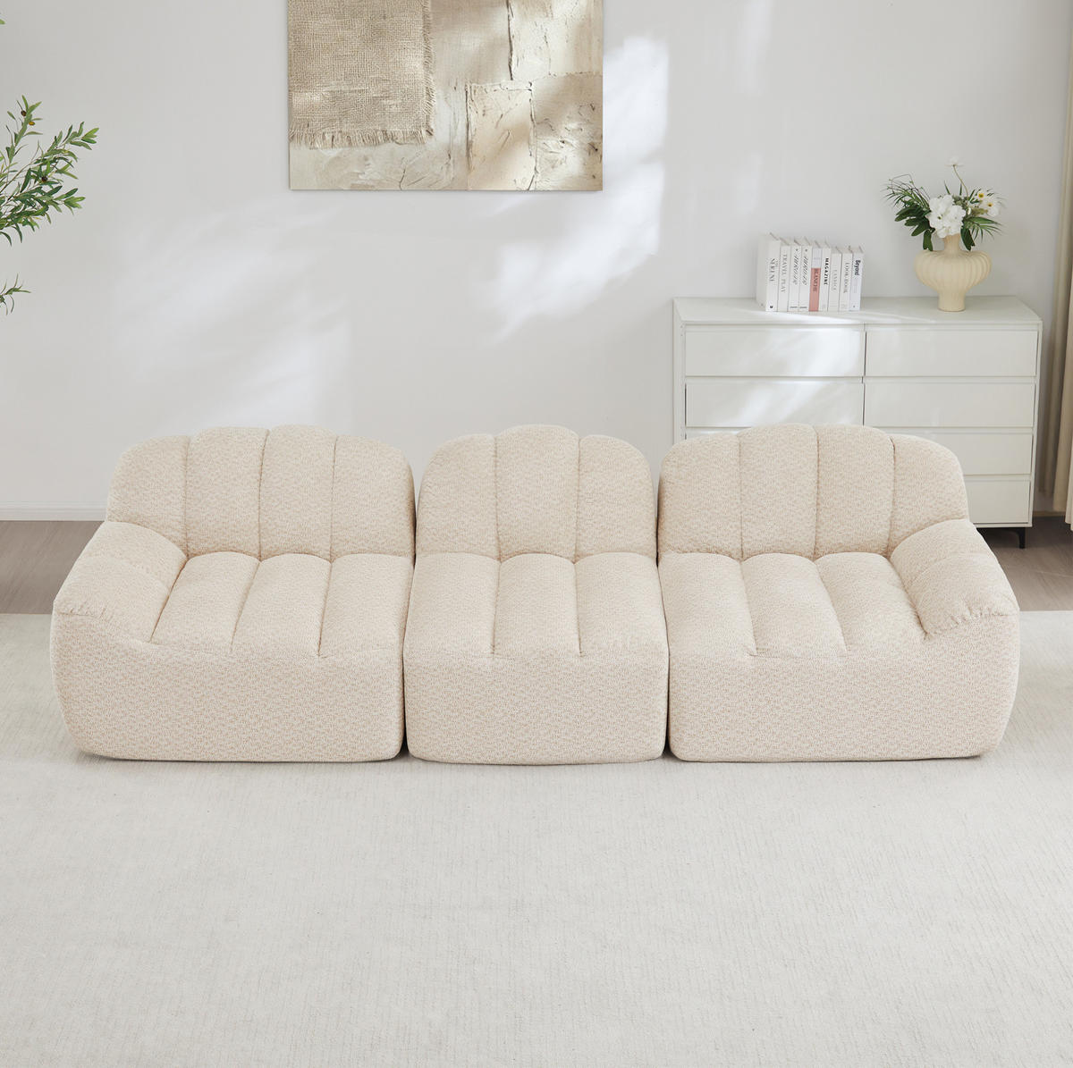 SOFA in Beige Weiß aus Granuliertem Fleece mit Ottomane - Beige, Textil (104/79/288cm) - Flora Grace