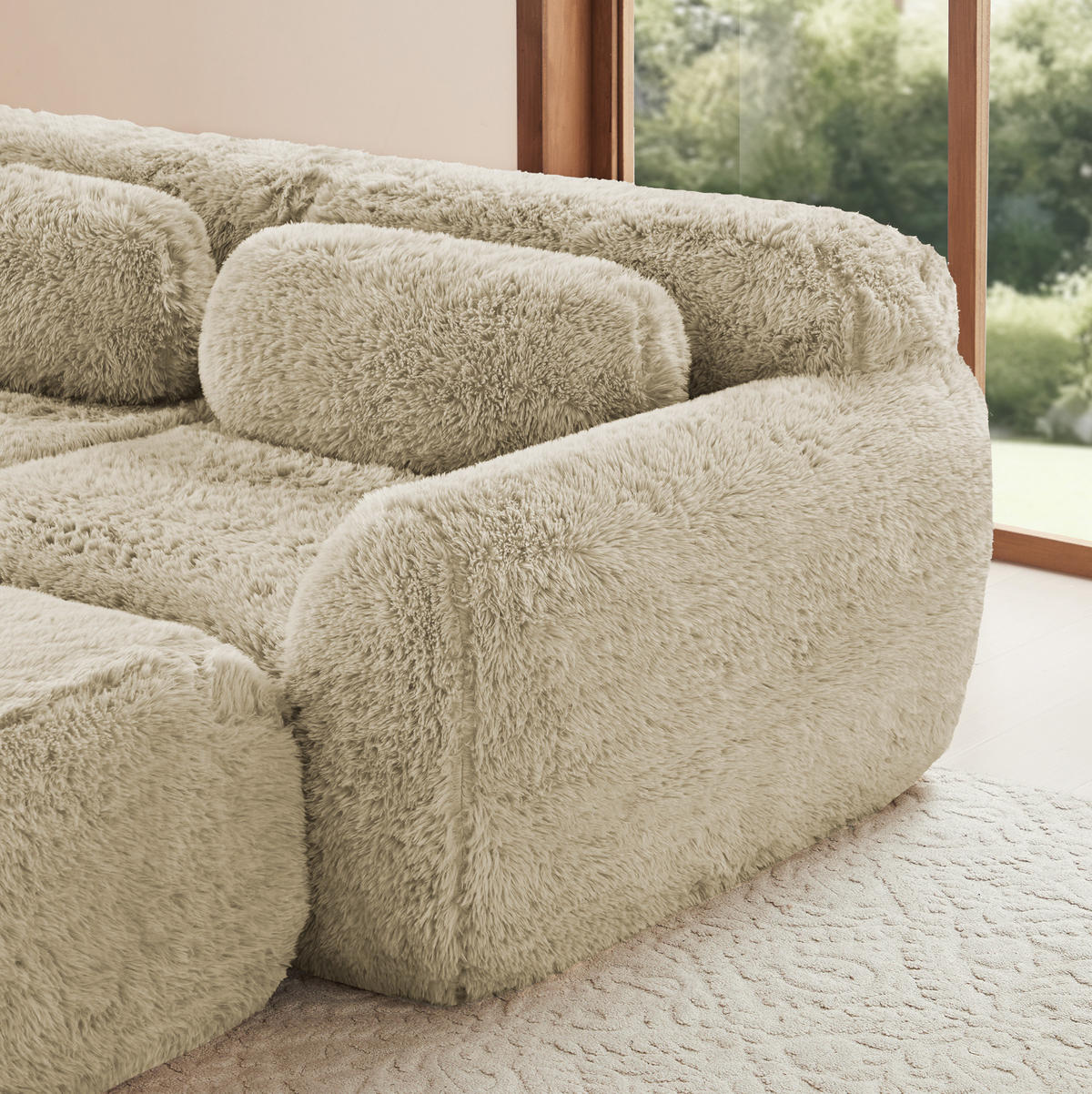 ECKSOFA 291/179/73 cm Hellkhaki aus Plüsch mit U-Form, rutschfester Basis und Kissen - Beige, Textil (179/291cm) - OKWISH