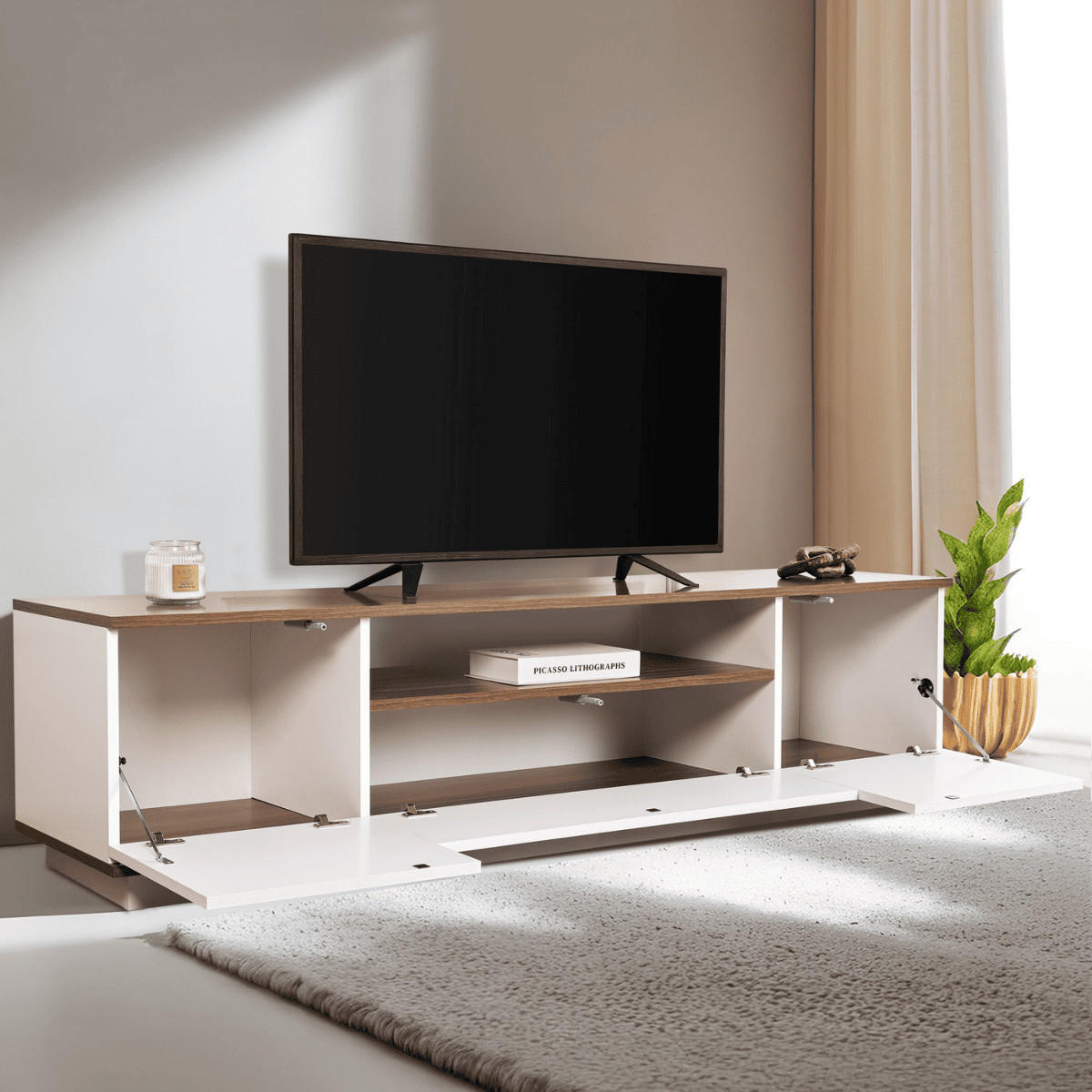 TV furniture with 3 folding doors and 1 niche, L180 cm - Weiß, Holzwerkstoff (44.5/44.6/12cm) - Calicosy