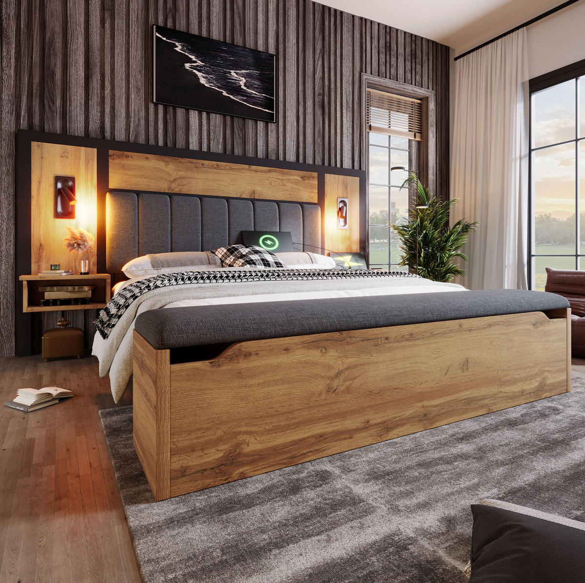 BETT mit Leselampen und Stauraumbank 180x200 cm Eiche - Braun, Holzwerkstoff (180/200cm) - Beauniv