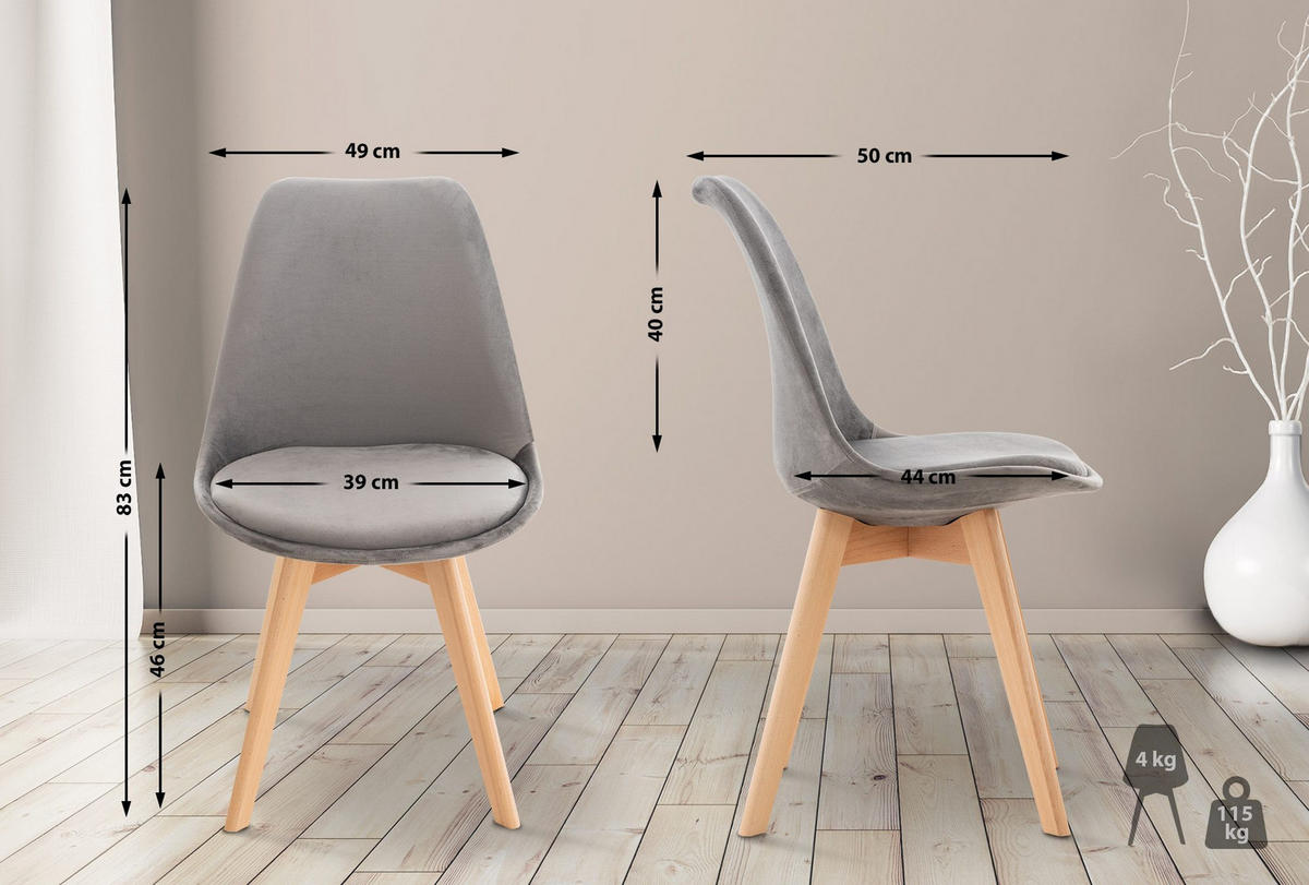 STUHL Samt grau - Eukalyptusholzfarben/Grau, Holz/Textil (49/83/50cm) - CLP