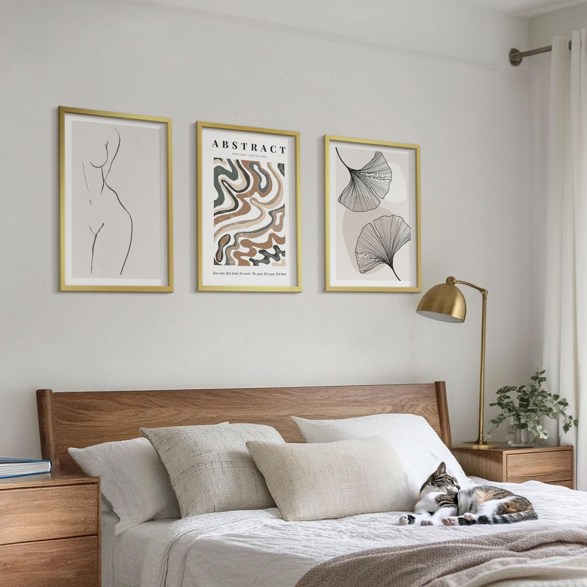 WANDBILDER 3er Set - 40x60 cm Goldrahmen - Abstrakte Boho-Musterformen - Goldfarben, Kunststoff (40/60cm) - ArtPrintCave