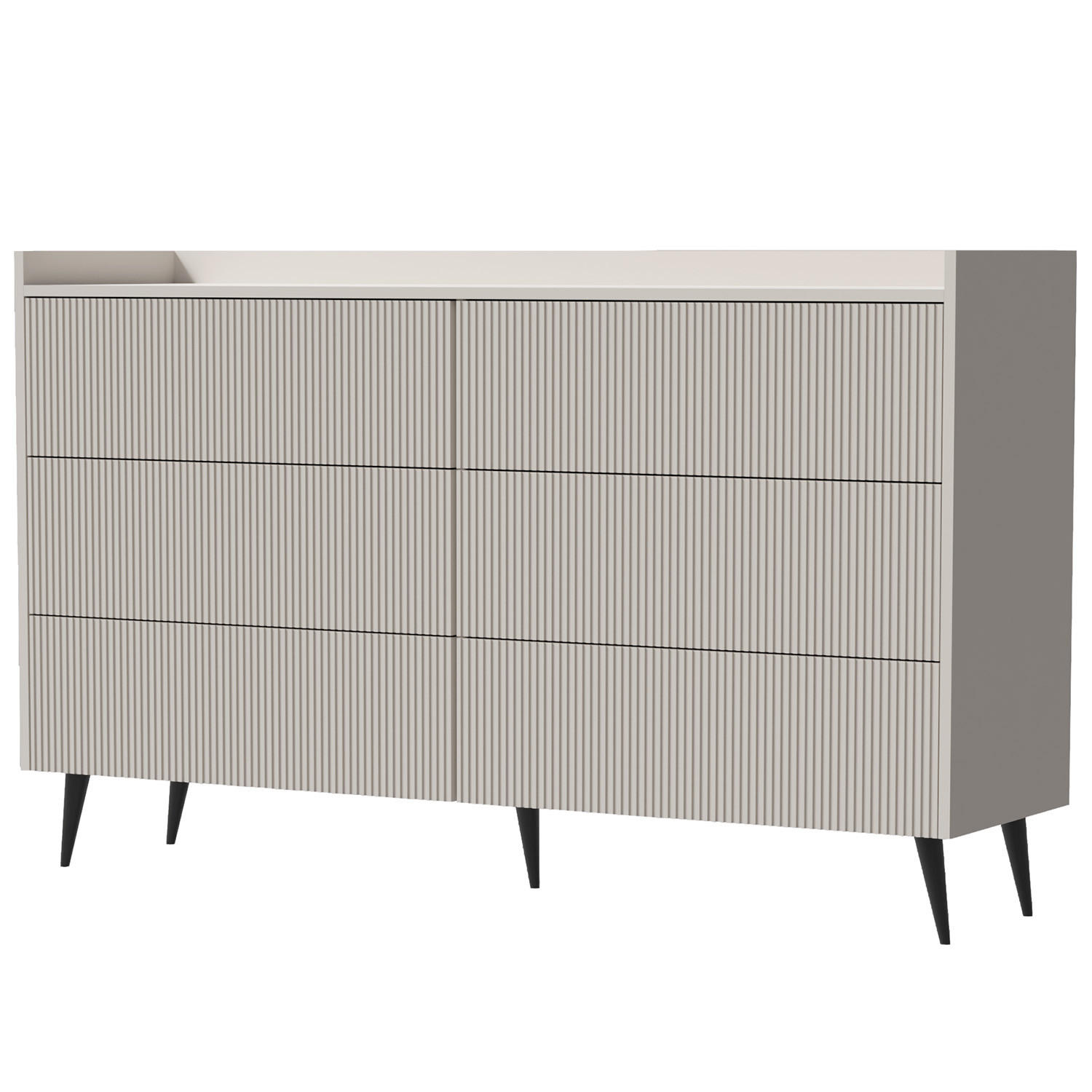 Beautysofa KOMODA Amfali se 6 zásuvkami, drážkovaná čela, systém Push-to-open, kovové nohy, 150 cm, kašmír