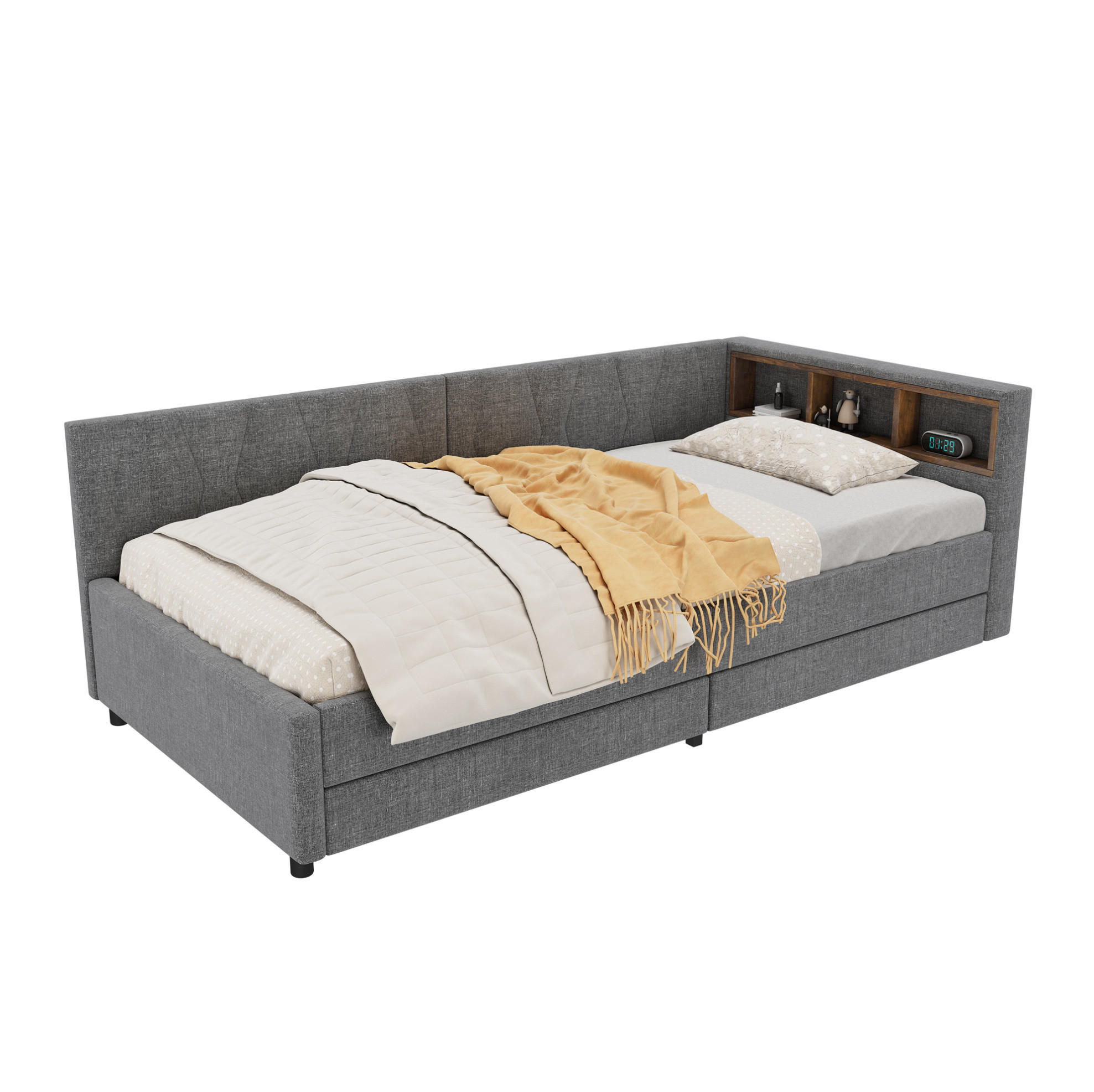 POLSTERBETT 90/200 cm mit Schubladen, LED und USB- und Type-C-Anschlüssen - Grau, Textil (90/200cm) - Flora Grace