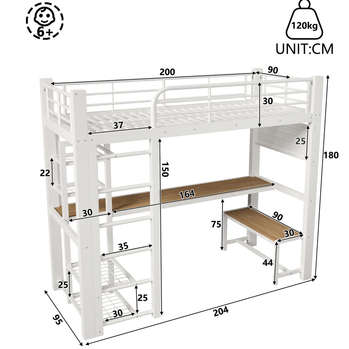 HOCHBETT 90/200 cm aus Metall mit LED-Lichtleiste, Weiß - Weiß, Metall (90/200cm) - OKMYHOME
