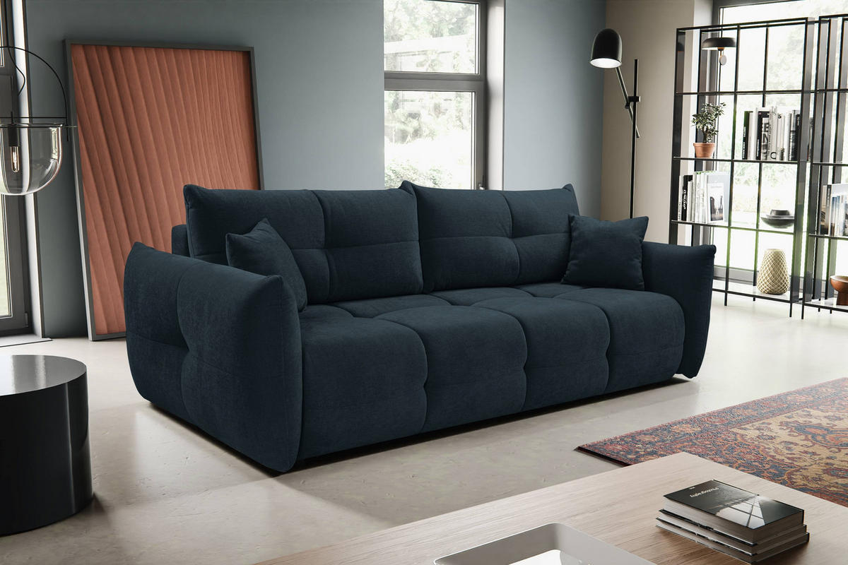 BETTSOFA MODA Blau Chenille-Stoff mit Schlaffunktion - Dunkelblau, Holz (245/86/110cm) - MASSENO