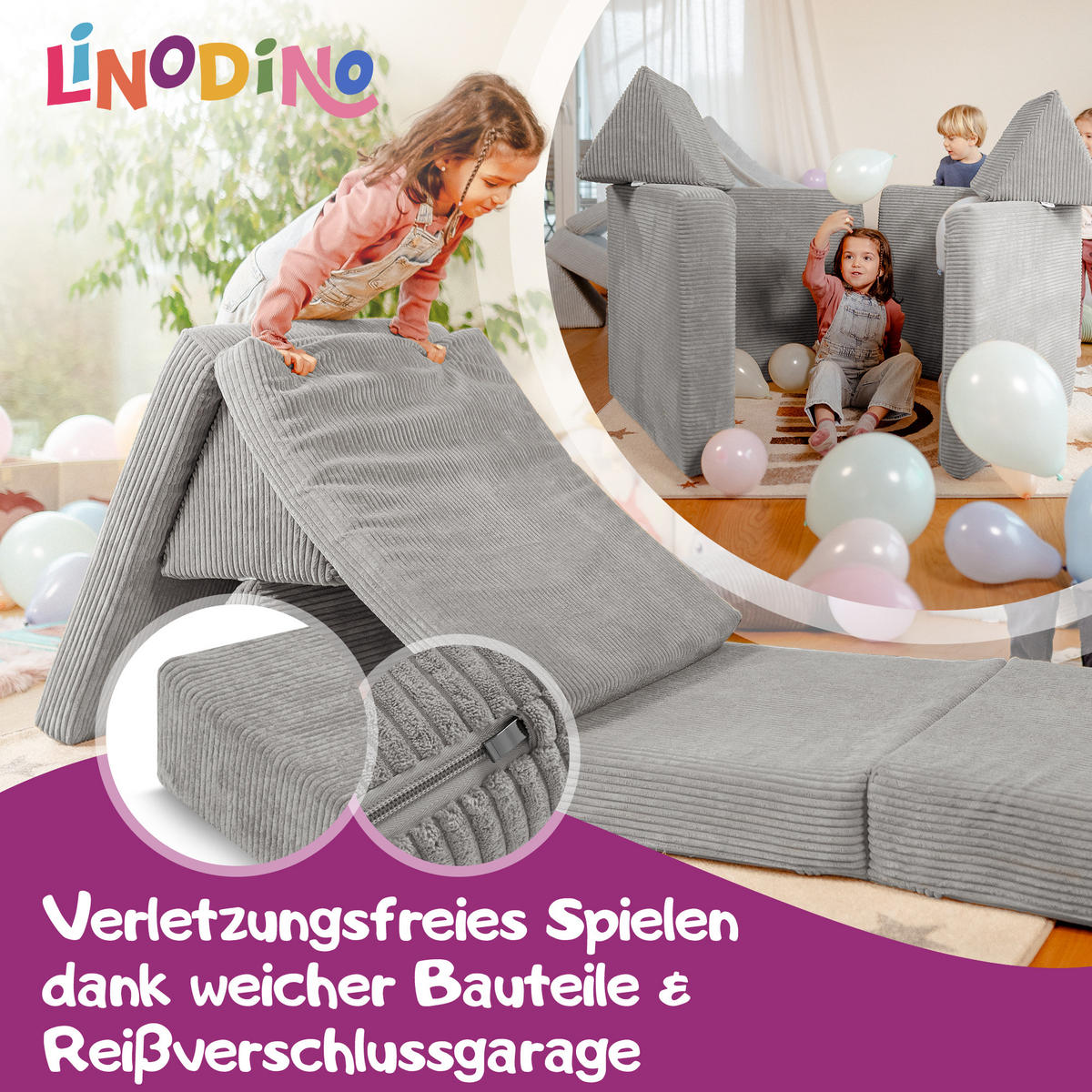KINDERSOFA Spielparadies - Grau, Textil (66/52/150cm) - Linodino