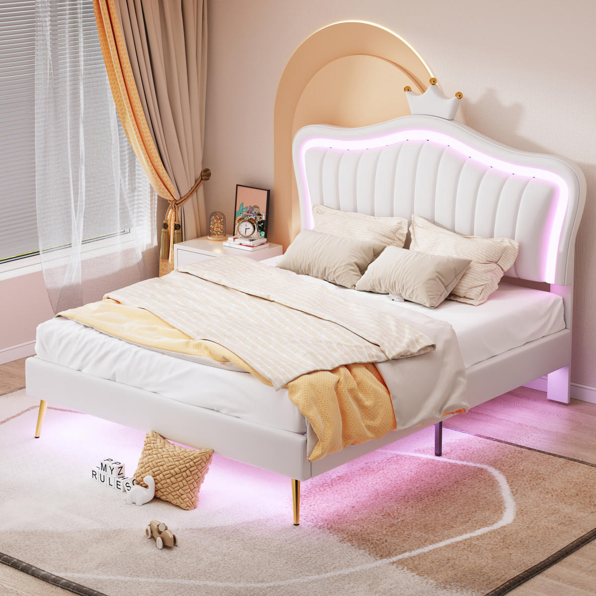 KINDERBETT Polsterbett 140/200 cm mit LED, Krone-Kopfteil, Kunstleder Weiß, Lattenrost - Weiß, Holz/Textil (140/200cm) - PARAFTA HOME