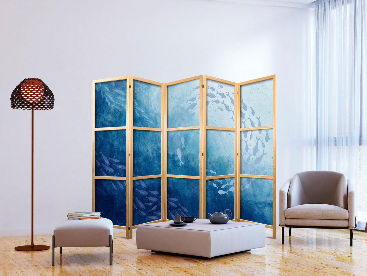 PARAVENT Japanischer 5-tlg 225x172 cm Fischschwarm - Blau, Holz/Textil (225/172/3cm) - Muralo