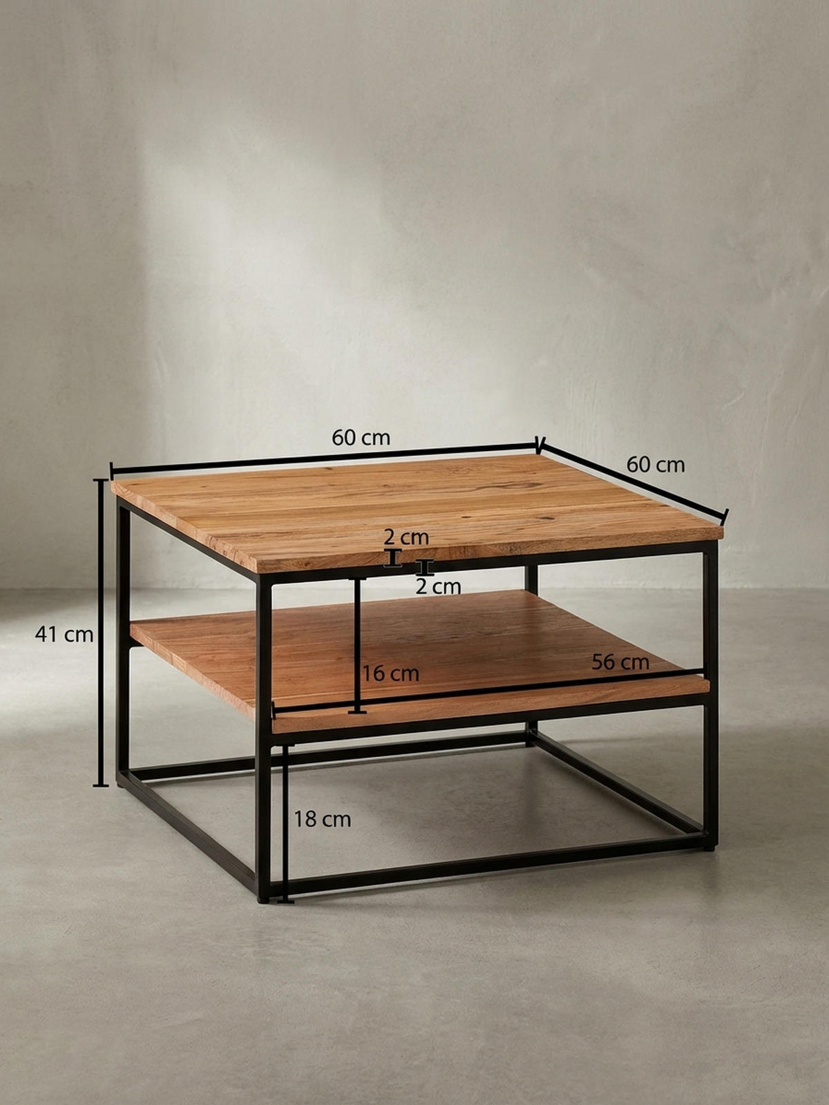 COUCHTISCH Industrial, Akazienholz mit Metallbeinen, zwei Ablageflächen - Beige/Schwarz, Holz/Metall (60/60/41cm) - KADIMA DESIGN