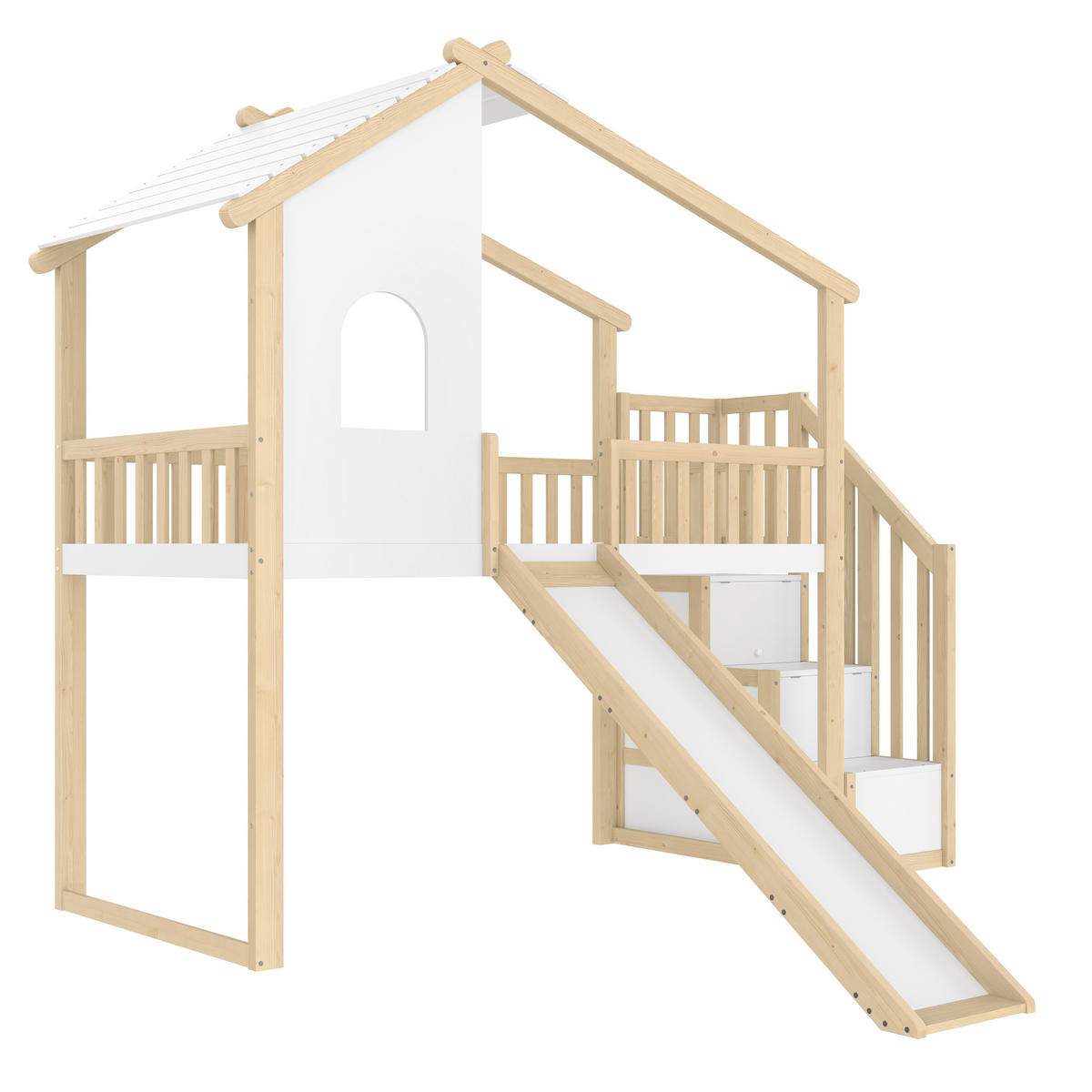 HOCHBETT 90/200 cm Natur-Weiß aus Kiefernholz mit Rutsche und Stauraumleiter - Naturfarben, Holzwerkstoff (90/200cm) - OKWISH
