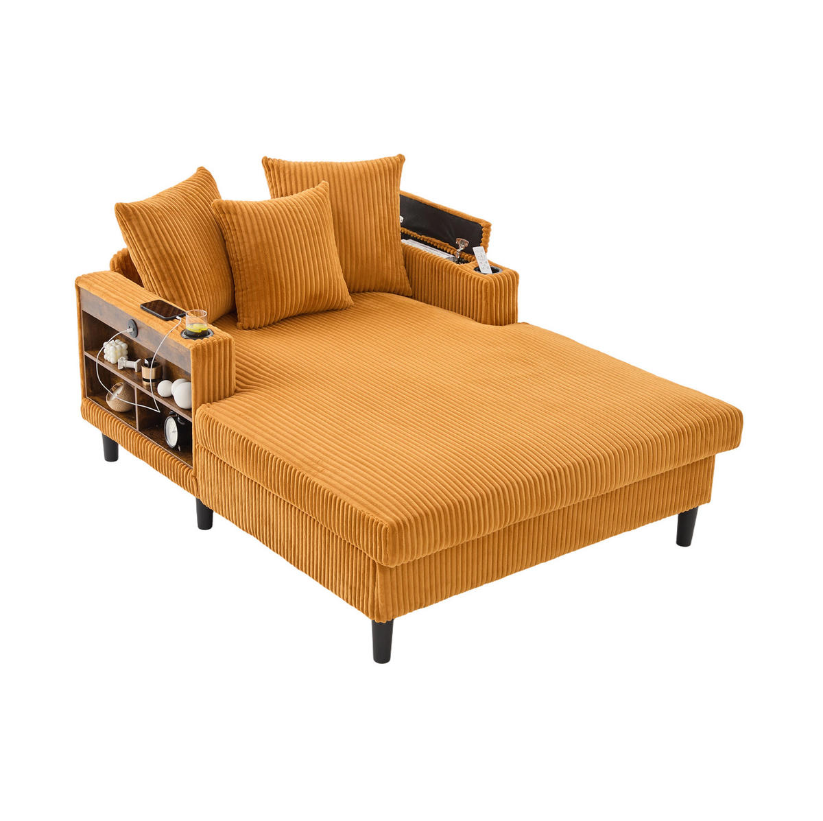 CHAISELONGUE 129/170/70 cm aus Cord mit LED-Beleuchtung, USB-Anschluss, Stauraum und Becherhaltern, Senfgelb - Gelb, Textil (170/70/129cm) - Redom