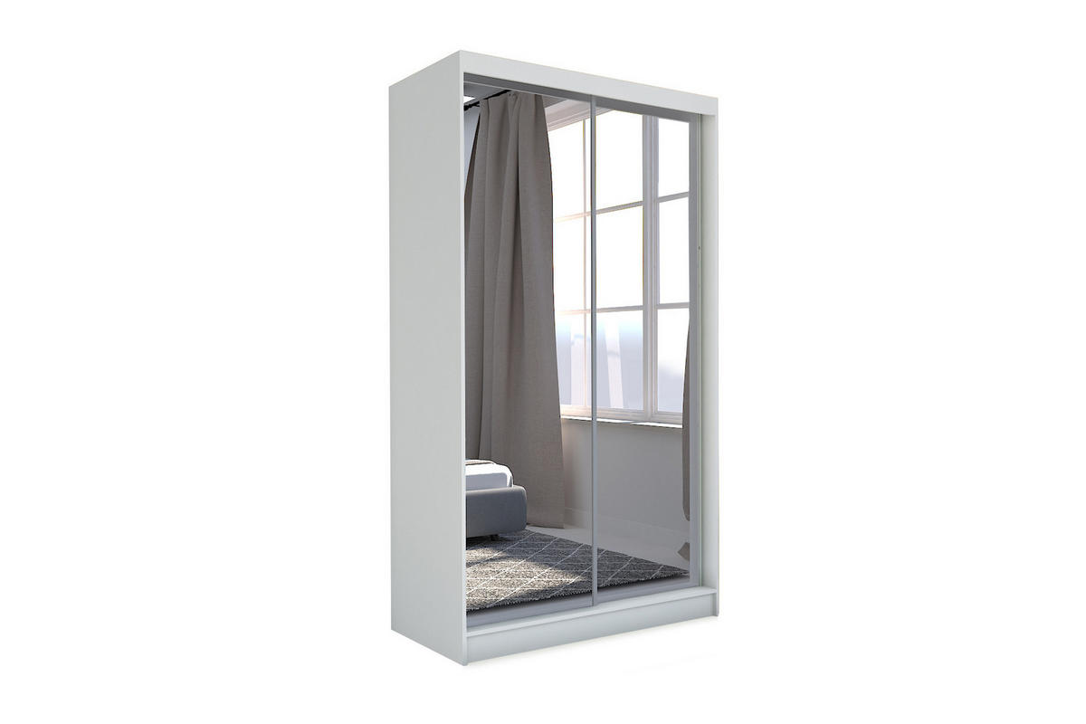 SCHWEBETÜRENSCHRANK BELLINA 150/216/61 cm 2-türig mit Spiegel Weiß - Weiß, Holzwerkstoff (150/216/61cm) - MASSENO