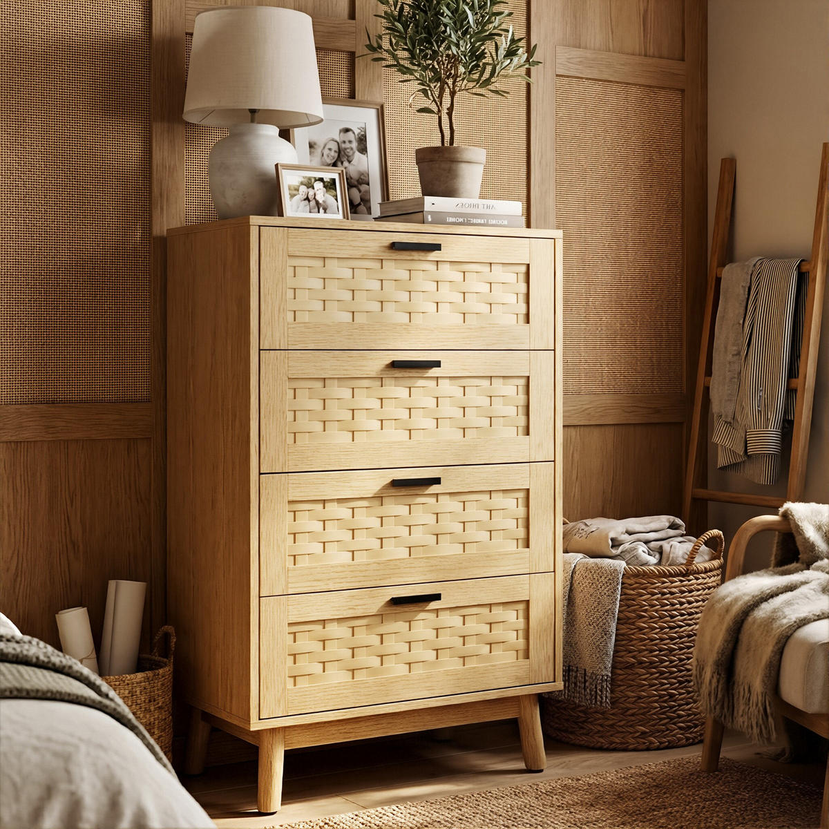 KOMMODE Japandi mit 4 Schubladen in Rattan-Optik 55/40/95 cm Eiche-Dekor - Eichefarben, Holzwerkstoff (55/95/39.8cm) - Creahappy