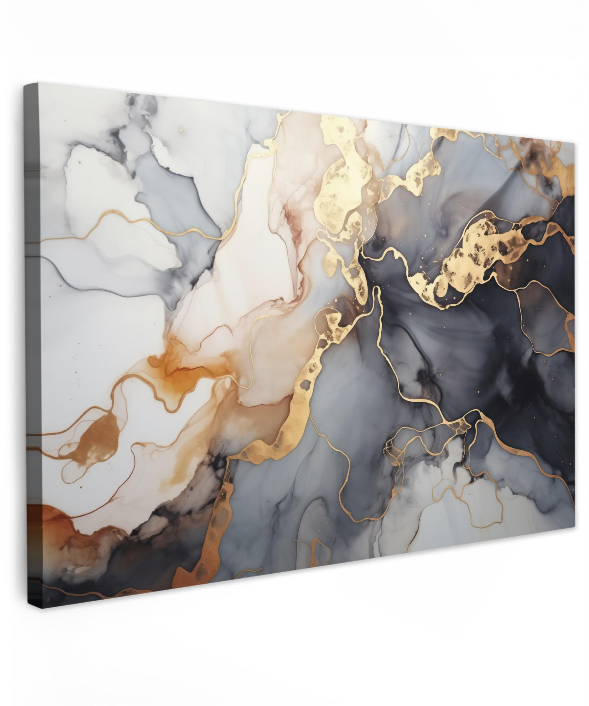 LEINWANDBILD Marmor - Schwarz - Gold - Weiß Wohnzimmer 120x80 cm - Dunkelgrau, Textil (120/80cm) - MuchoWow
