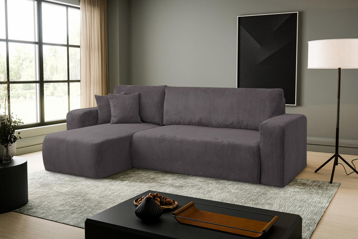 ECKSOFA LUNA mit Schlaffunktion und Bettkasten Cord-Stofff (Dunkelgrau) - Dunkelgrau, Textil (244/142cm) - VENASI MÖBEL