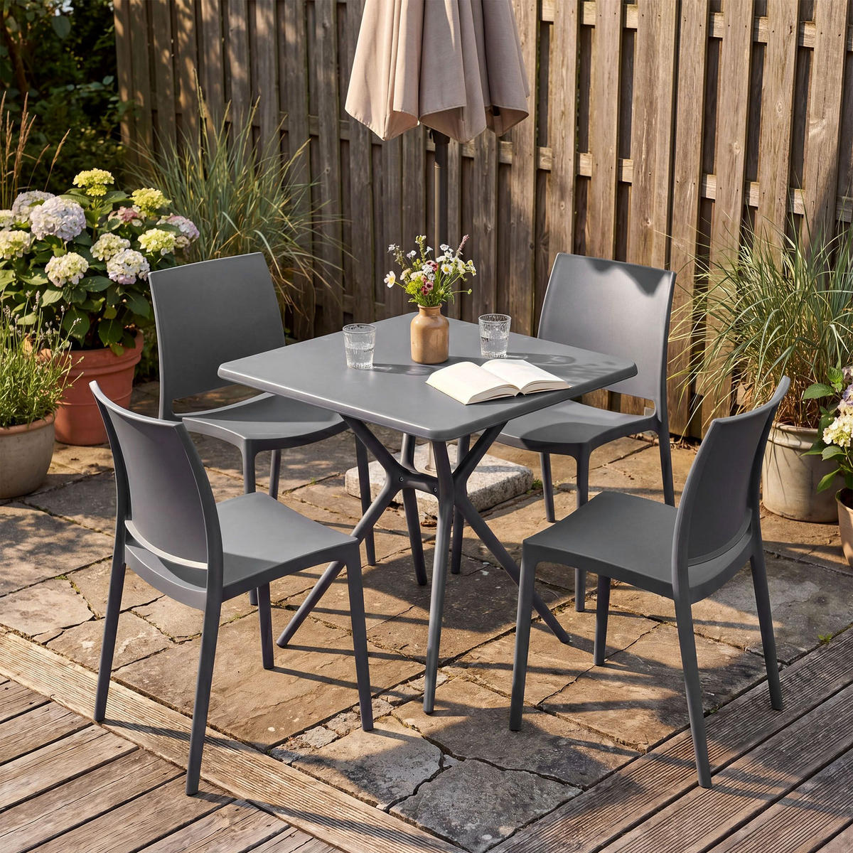 GARTENMÖBEL-SET Greta 4 Stühle 156x156x81cm Kunststoff Dunkelgrau Balkonset - Dunkelgrau, Kunststoff - DELUKE