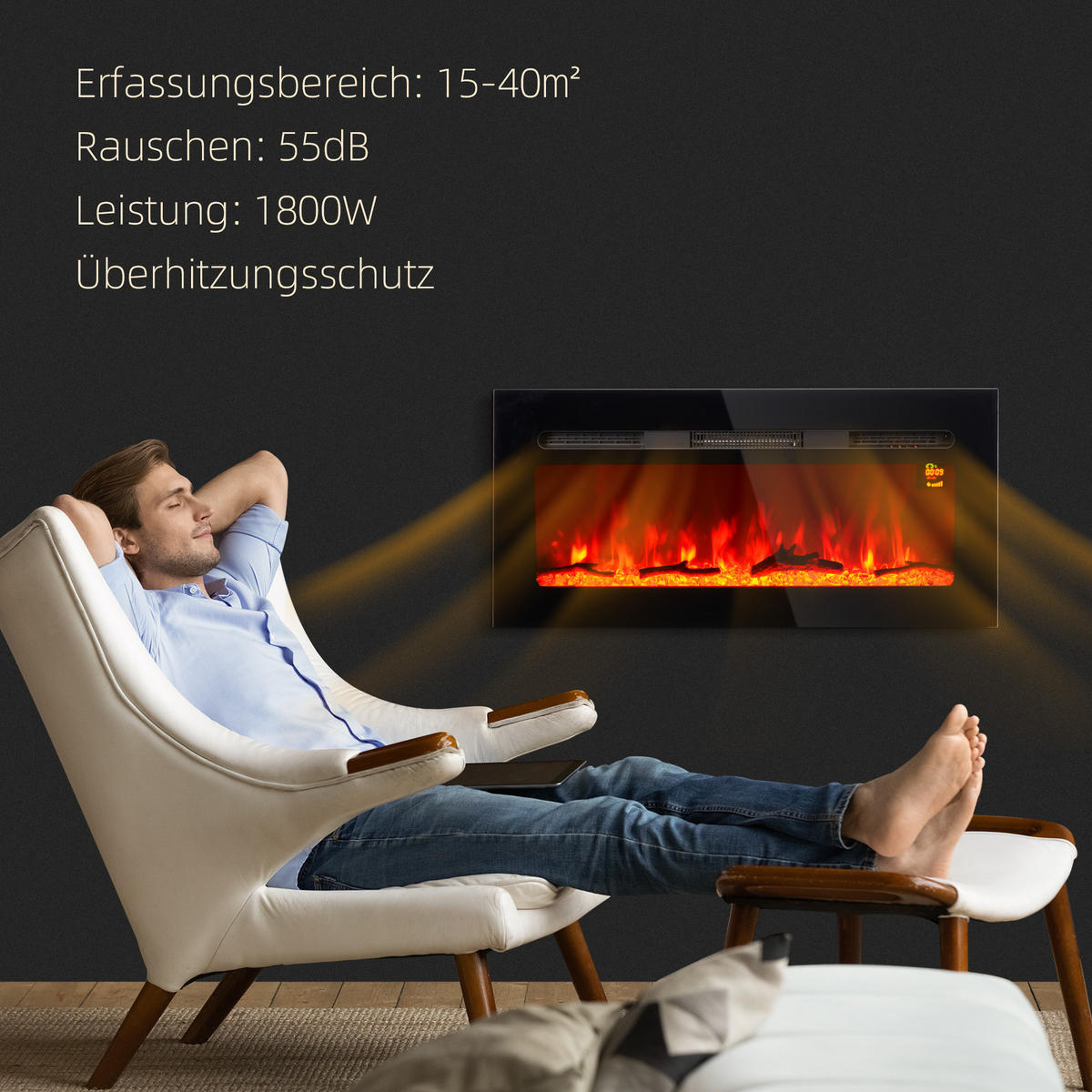 ELEKTROKAMIN mit LED Flammeneffekt,1800 W Wandkamin mit Kristalle, in 3 Farben - Schwarz, Metall (15.8/45/91.4cm) - HOMCOM